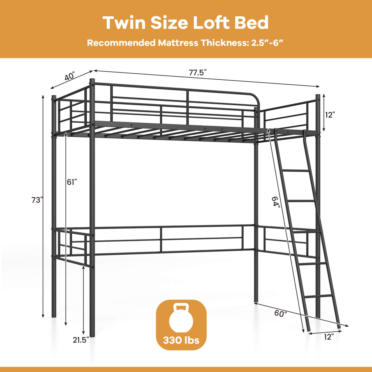 Costway Twin Size Metal Loft Bed Single Loft Bunk Bed with Full-Length Guardrail