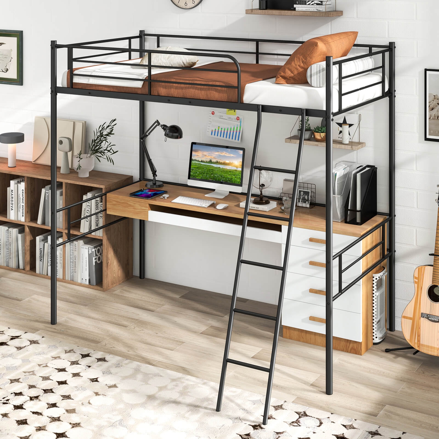 Costway Twin Size Metal Loft Bed Single Loft Bunk Bed with Full-Length Guardrail