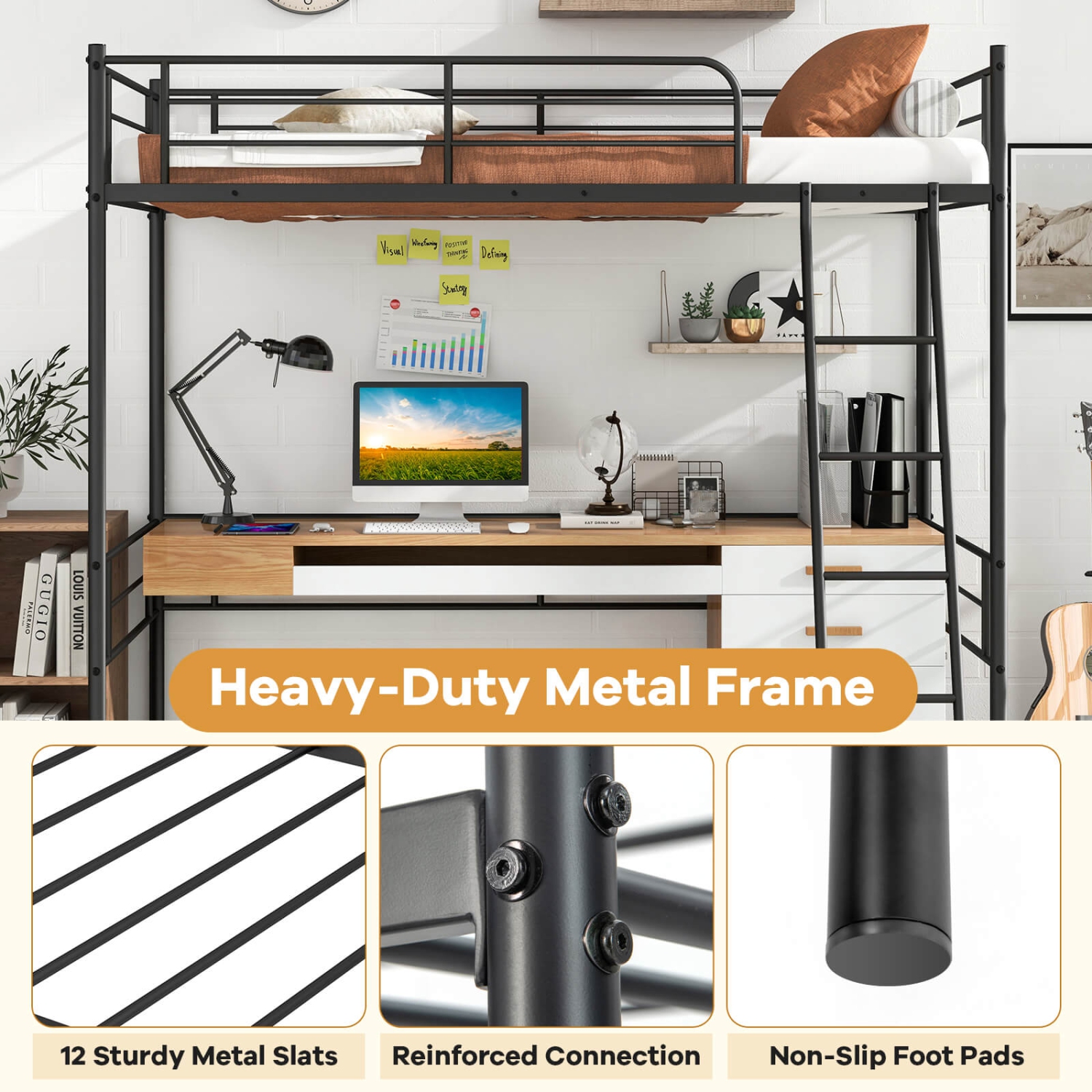 Costway Twin Size Metal Loft Bed Single Loft Bunk Bed with Full-Length Guardrail