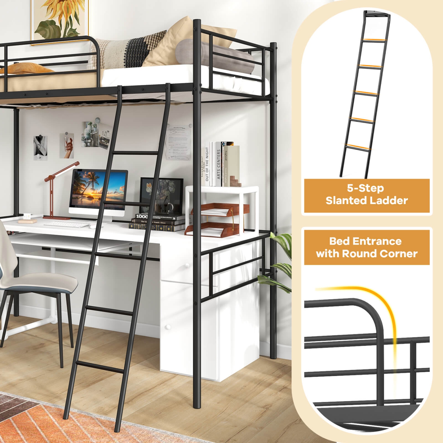 Costway Twin Size Metal Loft Bed Single Loft Bunk Bed with Full-Length Guardrail