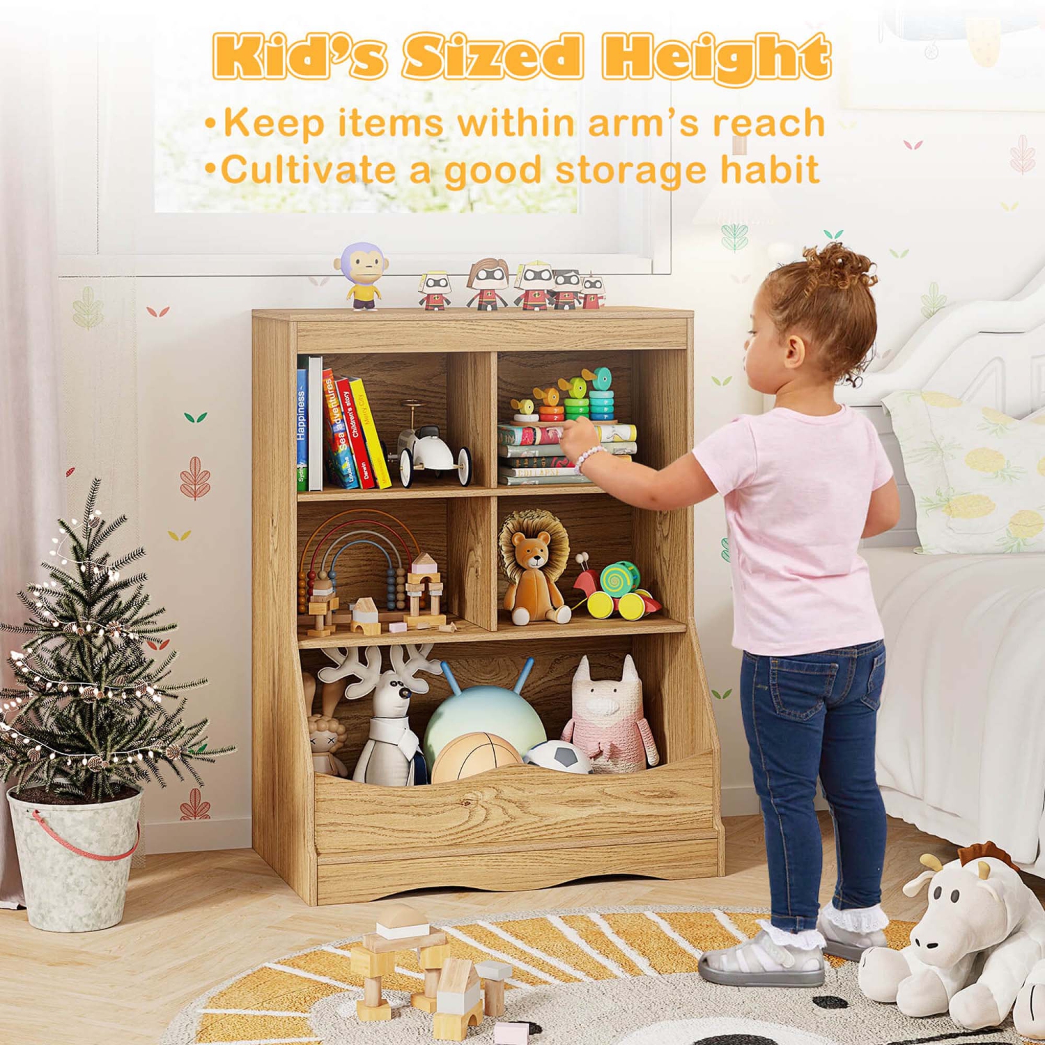 Costway 3-Tier Children's Multi-Functional Bookcase Toy Storage Bin Floor Cabinet