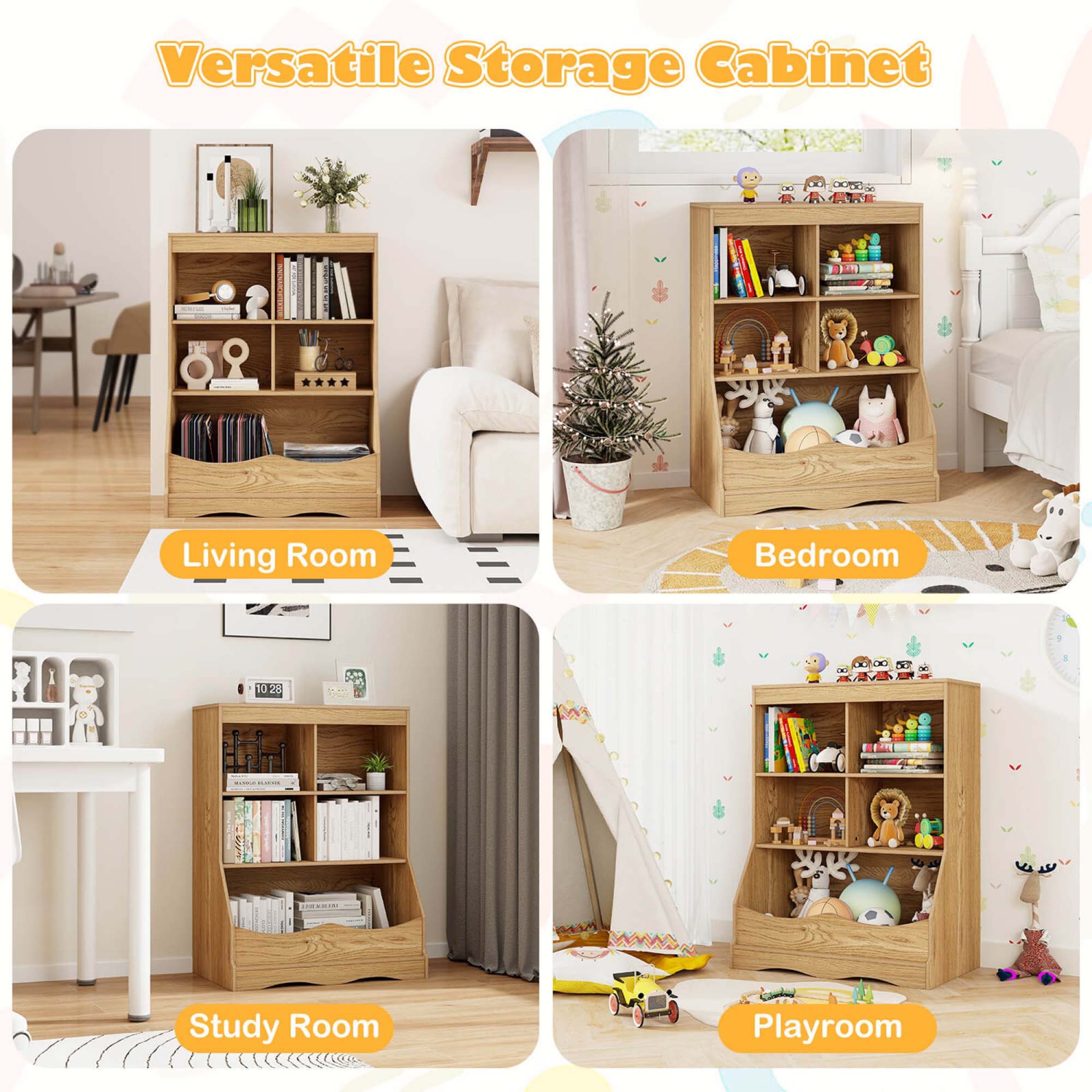 Costway 3-Tier Children's Multi-Functional Bookcase Toy Storage Bin Floor Cabinet