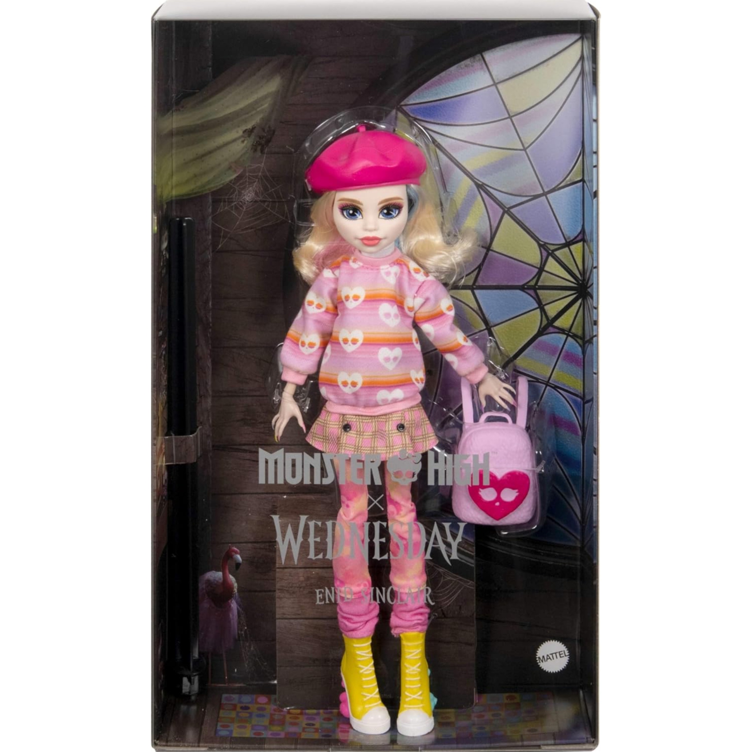 LIMITED EDITION Monster High Wednesday Doll and Accessories, Enid Sinclair Collectible in Pink Fashion with Beret and Backpack, Doll Stand