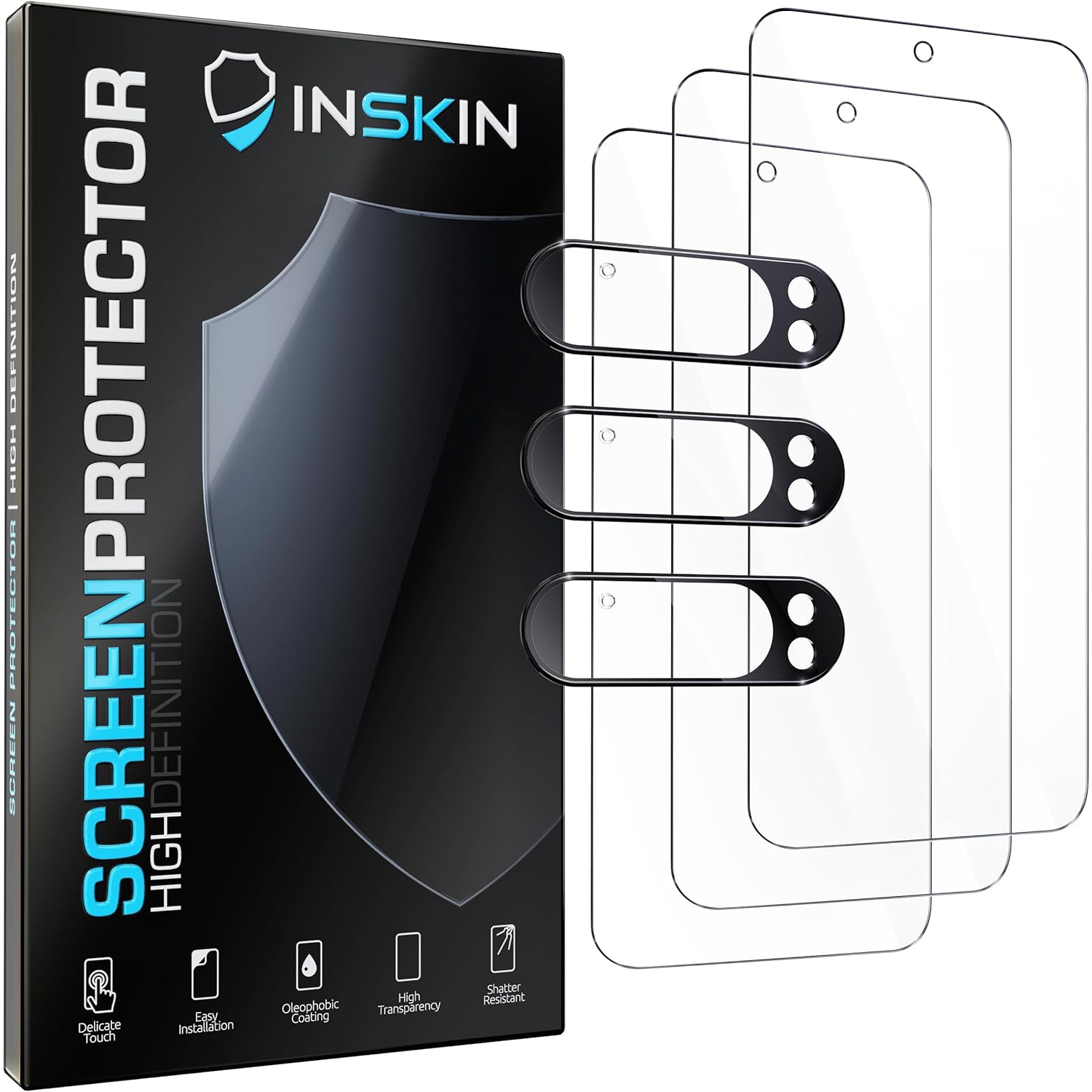 Inskin Screen Protector for Google Pixel 9 Pro – 3-Pack Tempered Glass for Screen & 3-Pack for Camera Lens, Fingerprint ID Support