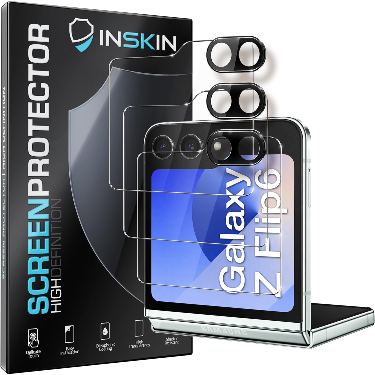 Inskin – Protecteur d’écran pour Samsung Galaxy Z Flip 6 5G – verre trempé, 3X pour écran extérieur et 3X pour objectif d’appareil photo, revêtement