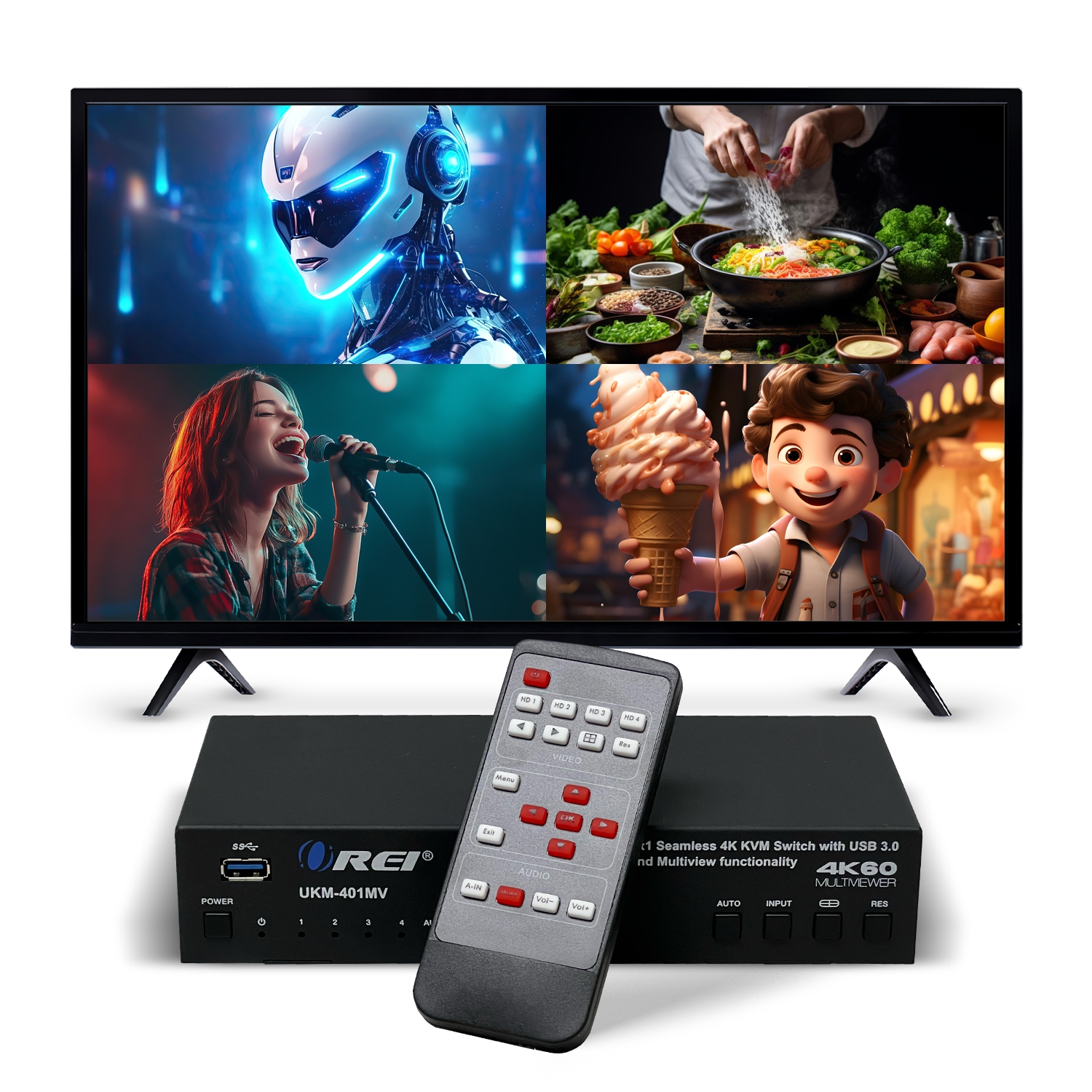 Commutateur KVM 4K 4x1 avec USB 3,0 et fonctionnalité multivue