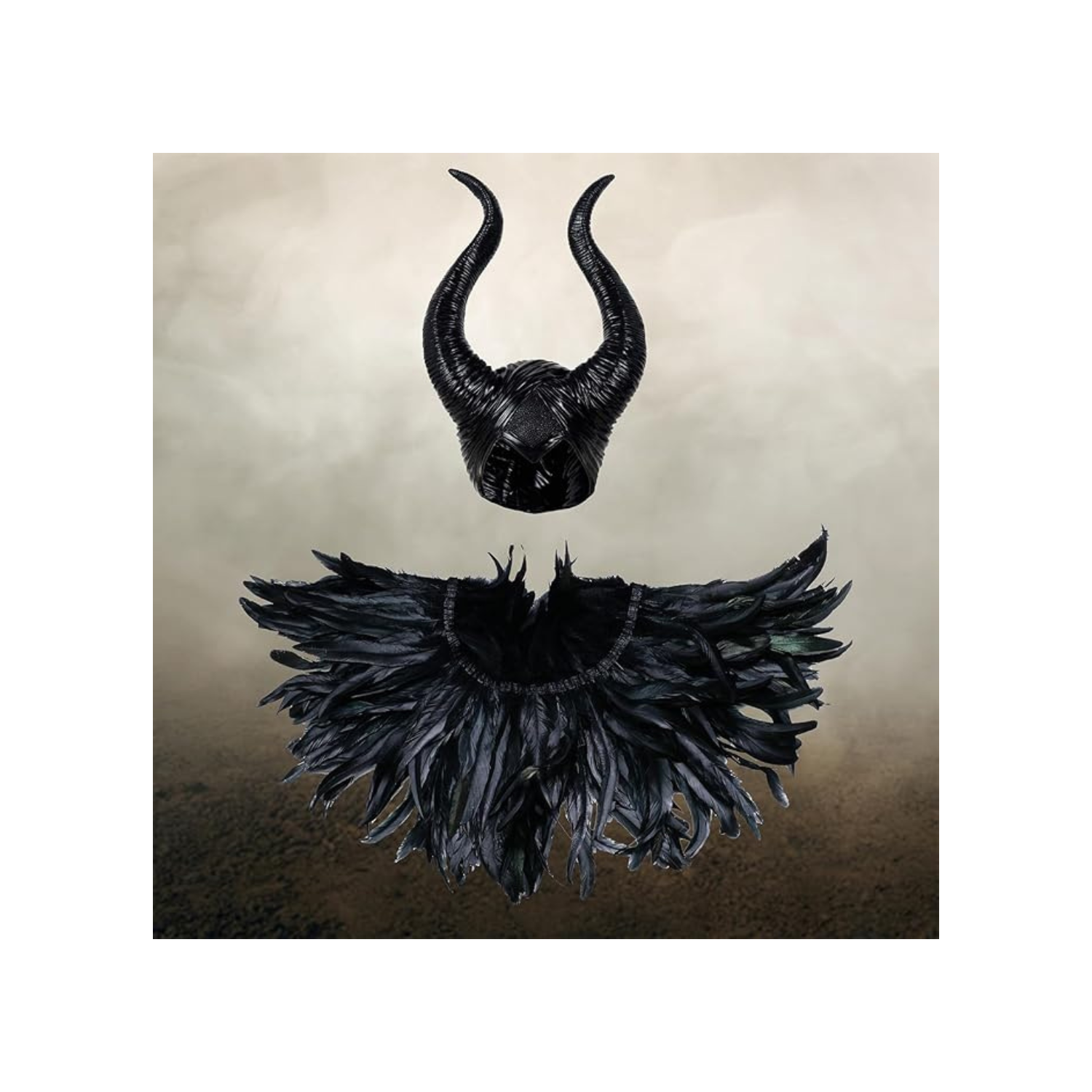 Womens Black Feather Halloween Witch Costume, Long Horns Headpiece and Black Crow Costume Feather Cape Shawl.