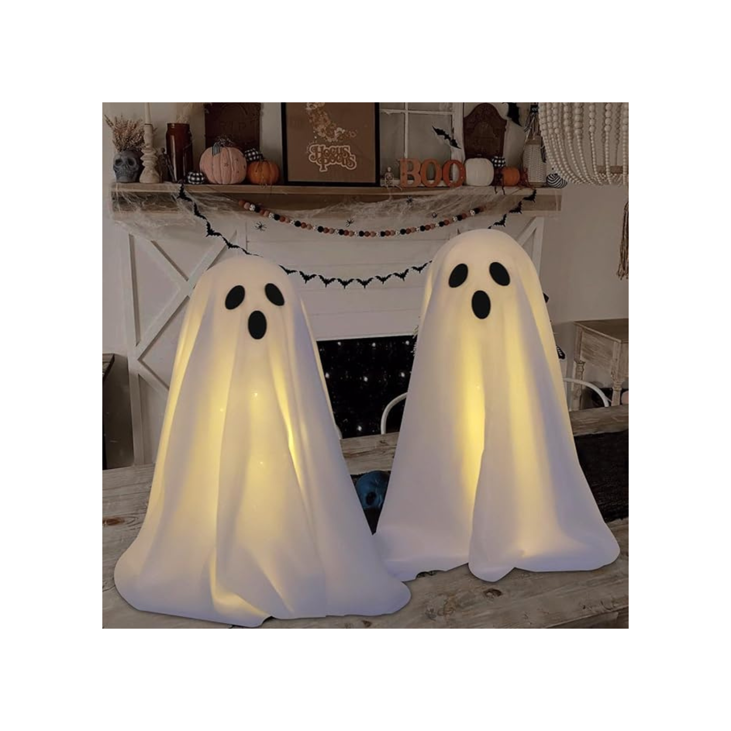 2 Packs Halloween Decorations, Spooky Ghost Halloween Decor with String Lights Battery Operated, Easy to Assemble Ghost Halloween Decorations Indoor