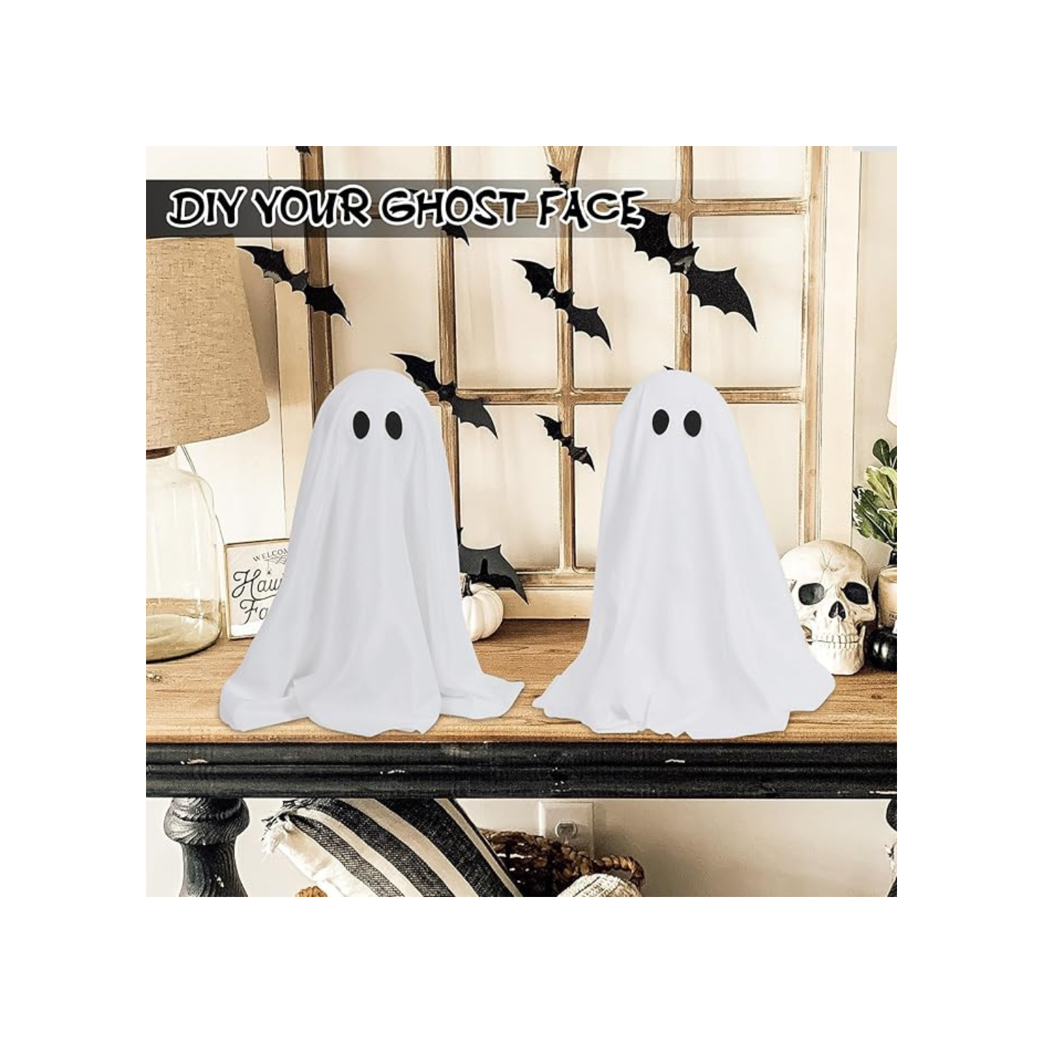 2 Packs Halloween Decorations, Spooky Ghost Halloween Decor with String Lights Battery Operated, Easy to Assemble Ghost Halloween Decorations Indoor