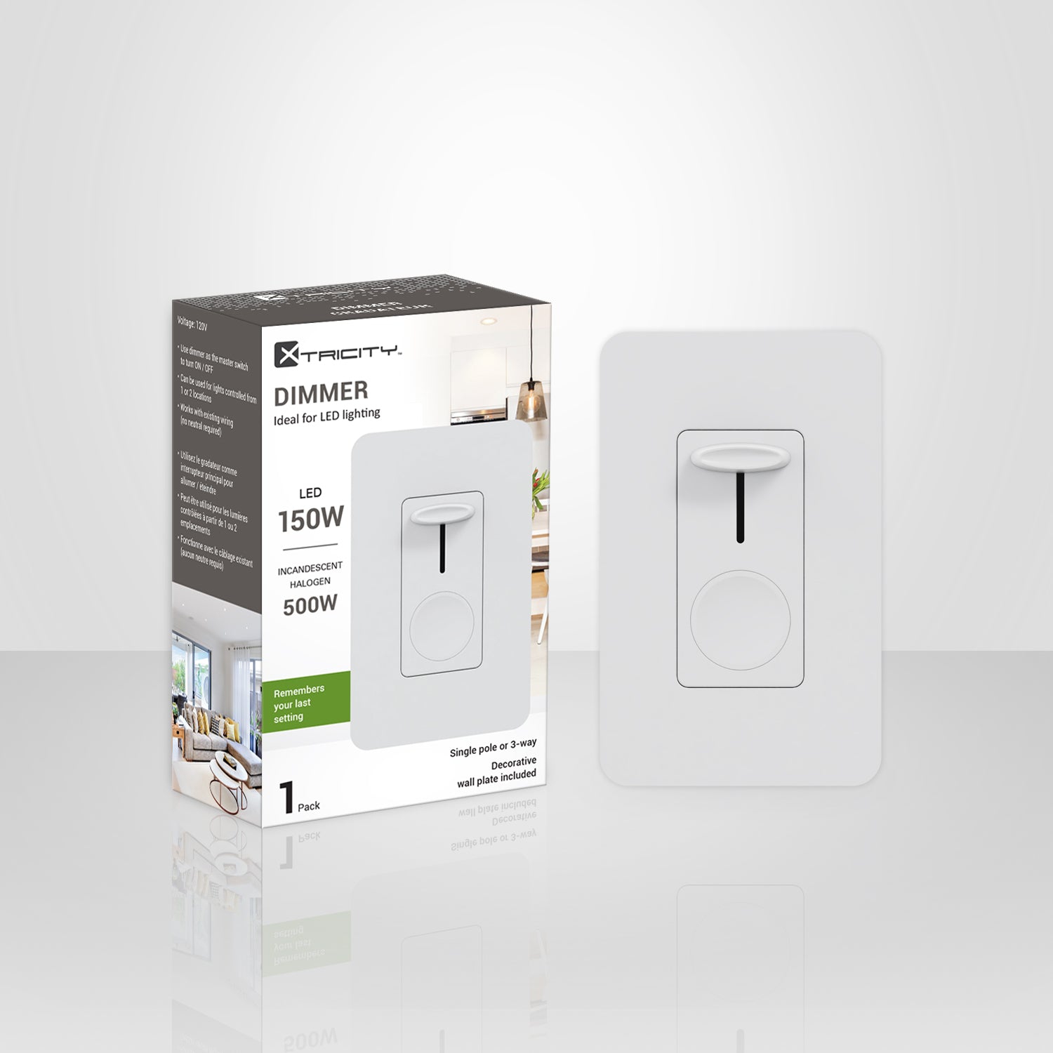Xtricity - Wall Slide Dimmer with Switch, Ideal for LED Lighting, White