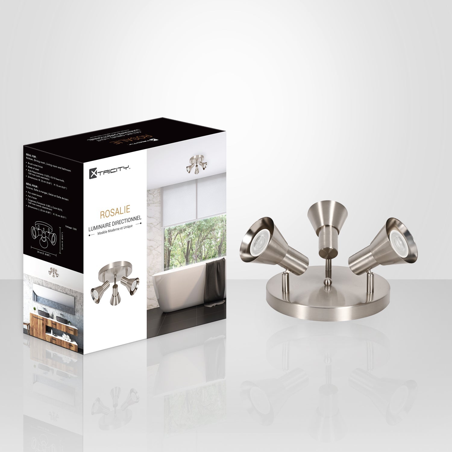 Xtricity - 3-Head Directional Light Fixture, 9.06" Wide, From the Rosalie Collection, Nickel