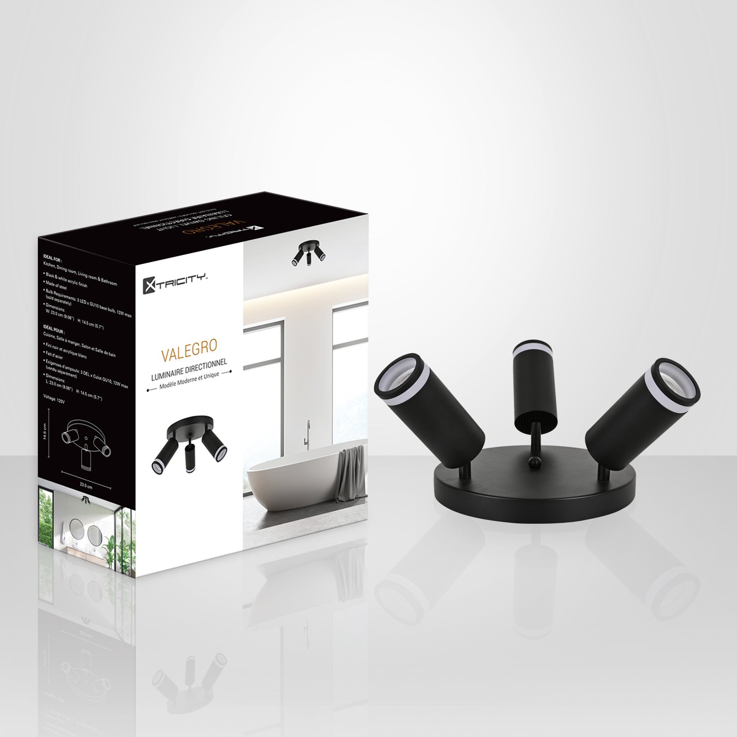 Xtricity - 3-Head Directional Light Fixture, 9.06" Wide, From the Valegro Collection, Black