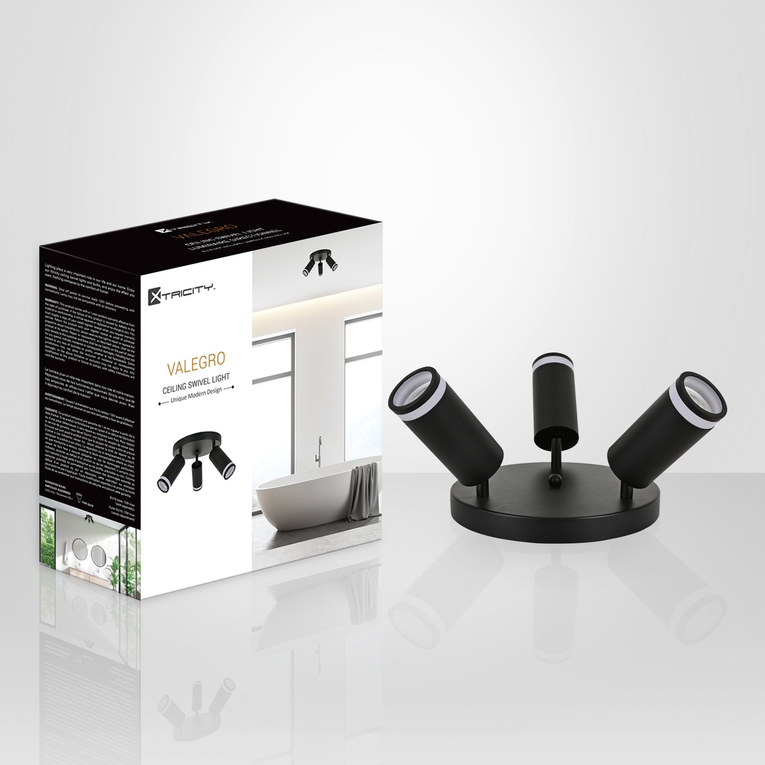 Xtricity - 3-Head Directional Light Fixture, 9.06" Wide, From the Valegro Collection, Black