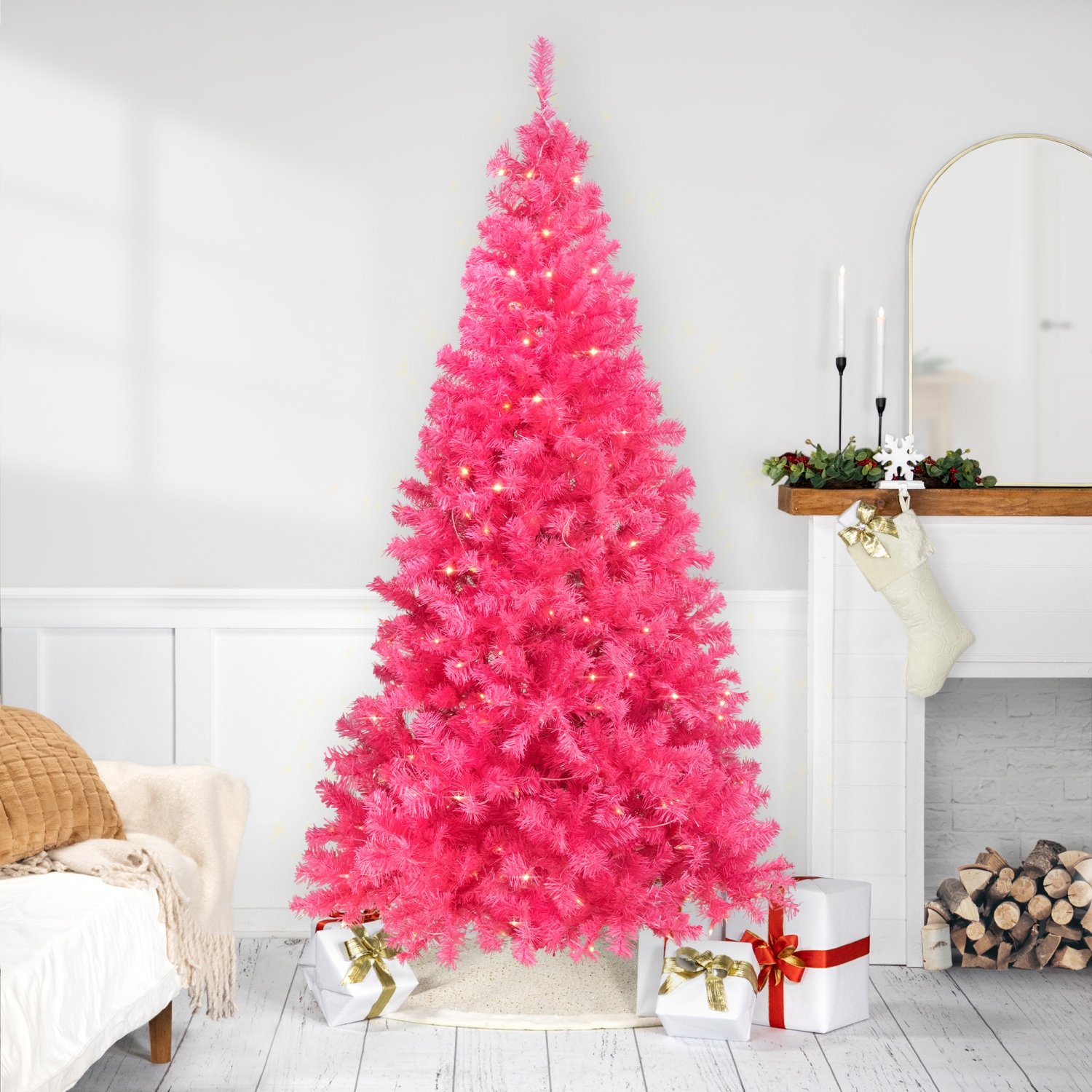 Pre-Lit Artificial Tinsel Christmas Tree - Pink - 9' - Clear Lights