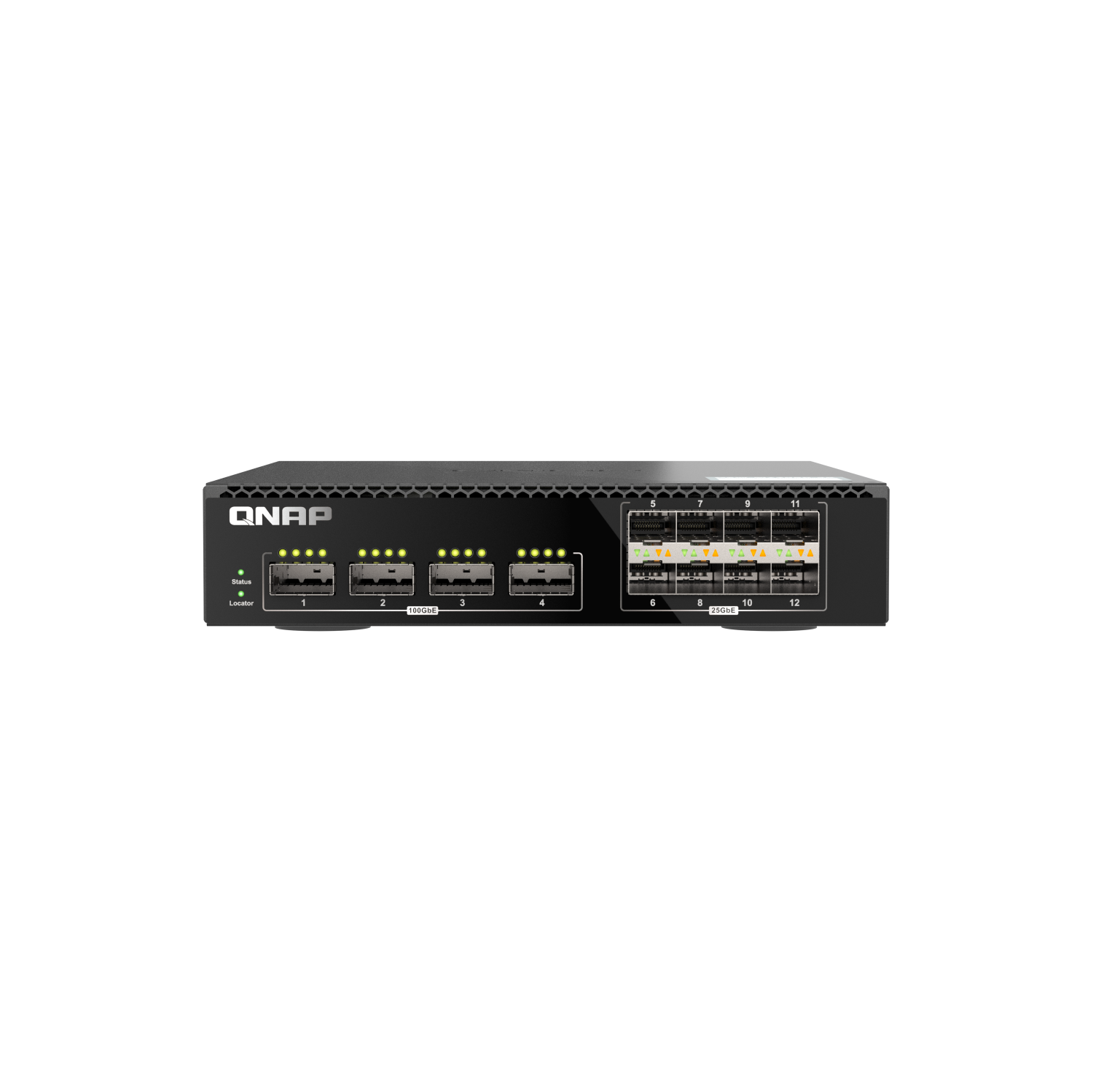 QNAP 12-Port 100GbE Half-Width Rackmount Layer 2 Managed Switch with Four 100GbE QSFP28 and Eight 25GbE SFP28 Ports