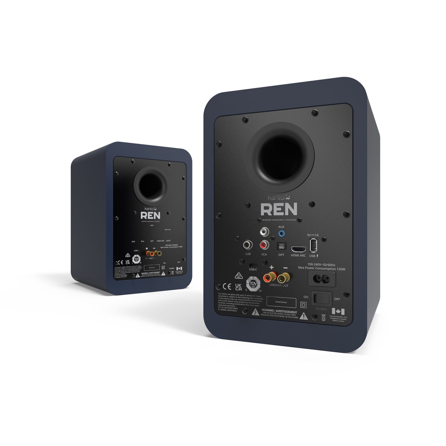 Haut-parleurs d'étagère amplifiés REN 200&nbsp;W de Kanto avec HDMI ARC, USB-C et Bluetooth 5,3 - Bleu mat, paire