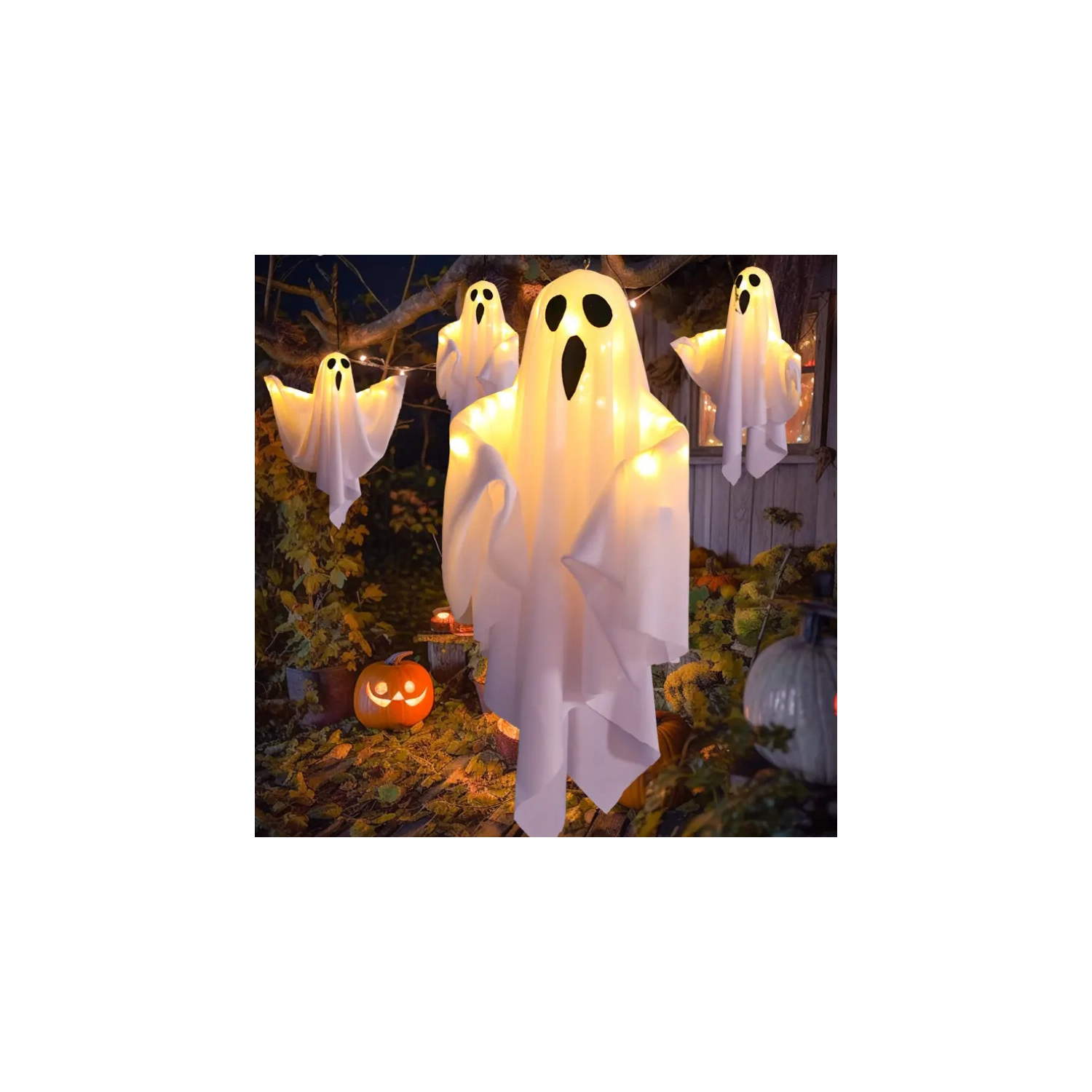 Spooky White LED Hanging Light – Battery-Powered Halloween Decoration with Cotton Shade, Perfect for Indoor & Outdoor Party Decor