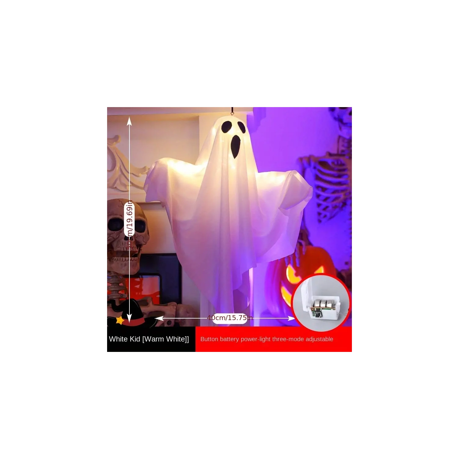 Spooky White LED Hanging Light – Battery-Powered Halloween Decoration with Cotton Shade, Perfect for Indoor & Outdoor Party Decor