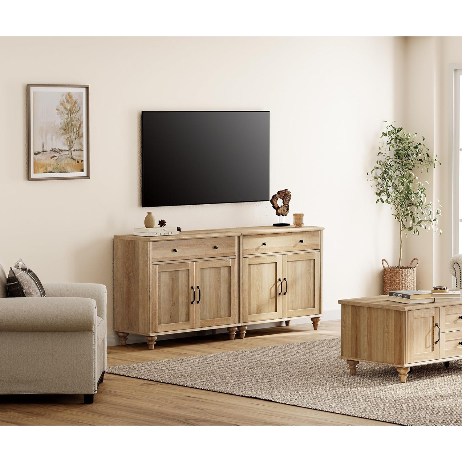 Meuble moderne WAMPAT pour téléviseur jusqu'à 75&nbsp;po, meuble en bois pour téléviseur avec 4 portes et 2 tiroirs, chêne