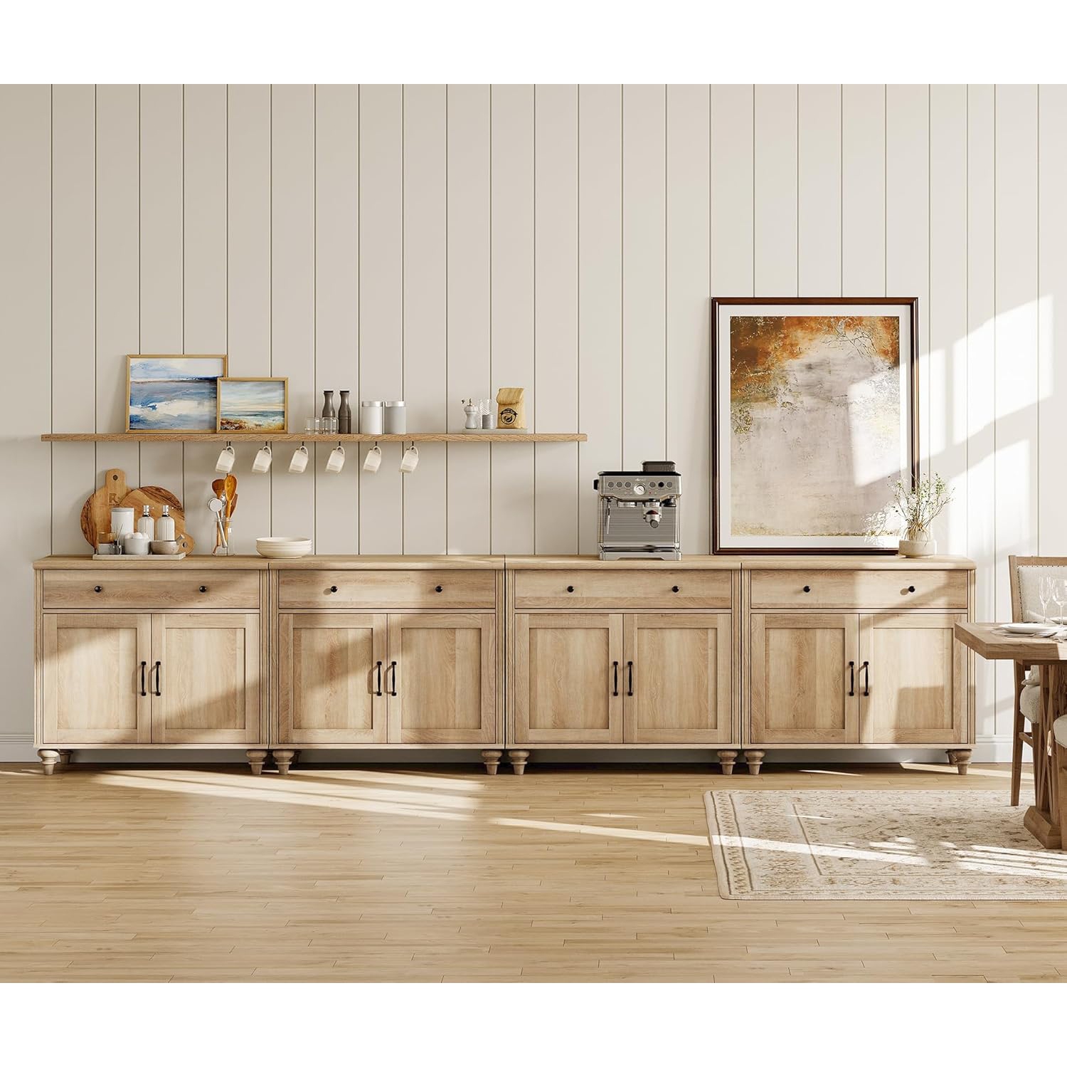 WAMAPT Large Buffet Cabinet with 8 Doors and 4 Drawers, Modern Coffee Bar Tables Wood Kitchen Storage Cabinets, Oak, 134 inch