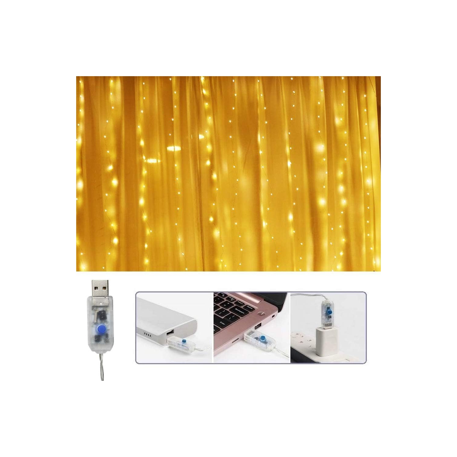 Fairy Curtain Lights for Bedroom 300 LED, Christmas String Lights USB Plug in 8 Modes with Remote Control for Wedding Party Decor Warm White,Warm