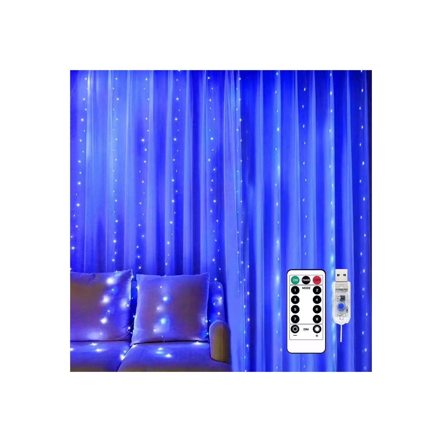 Fairy Curtain Lights for Bedroom 300 LED, Christmas String Lights USB Plug in 8 Modes with Remote Control for Wedding Party Decor Warm White,Blue