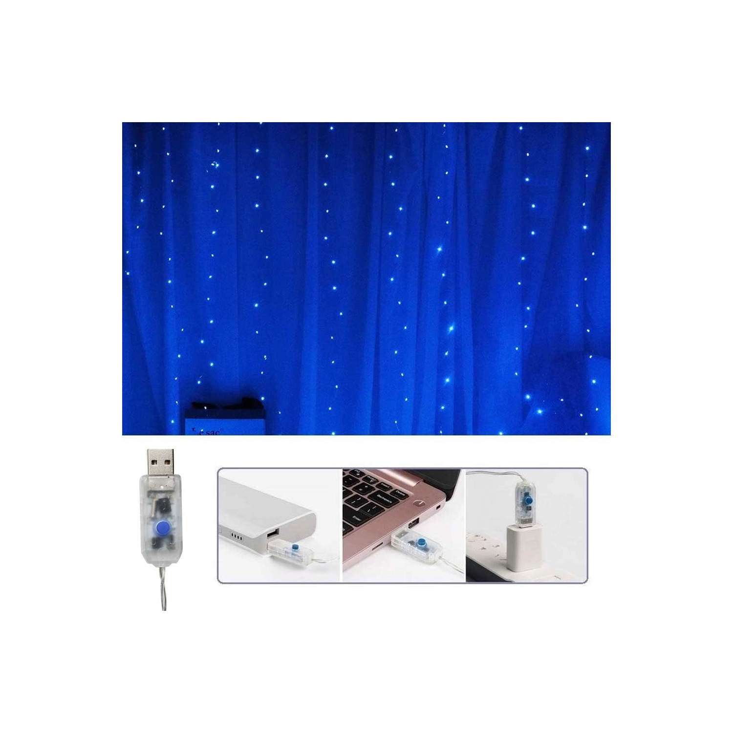 Fairy Curtain Lights for Bedroom 300 LED, Christmas String Lights USB Plug in 8 Modes with Remote Control for Wedding Party Decor Warm White,Blue