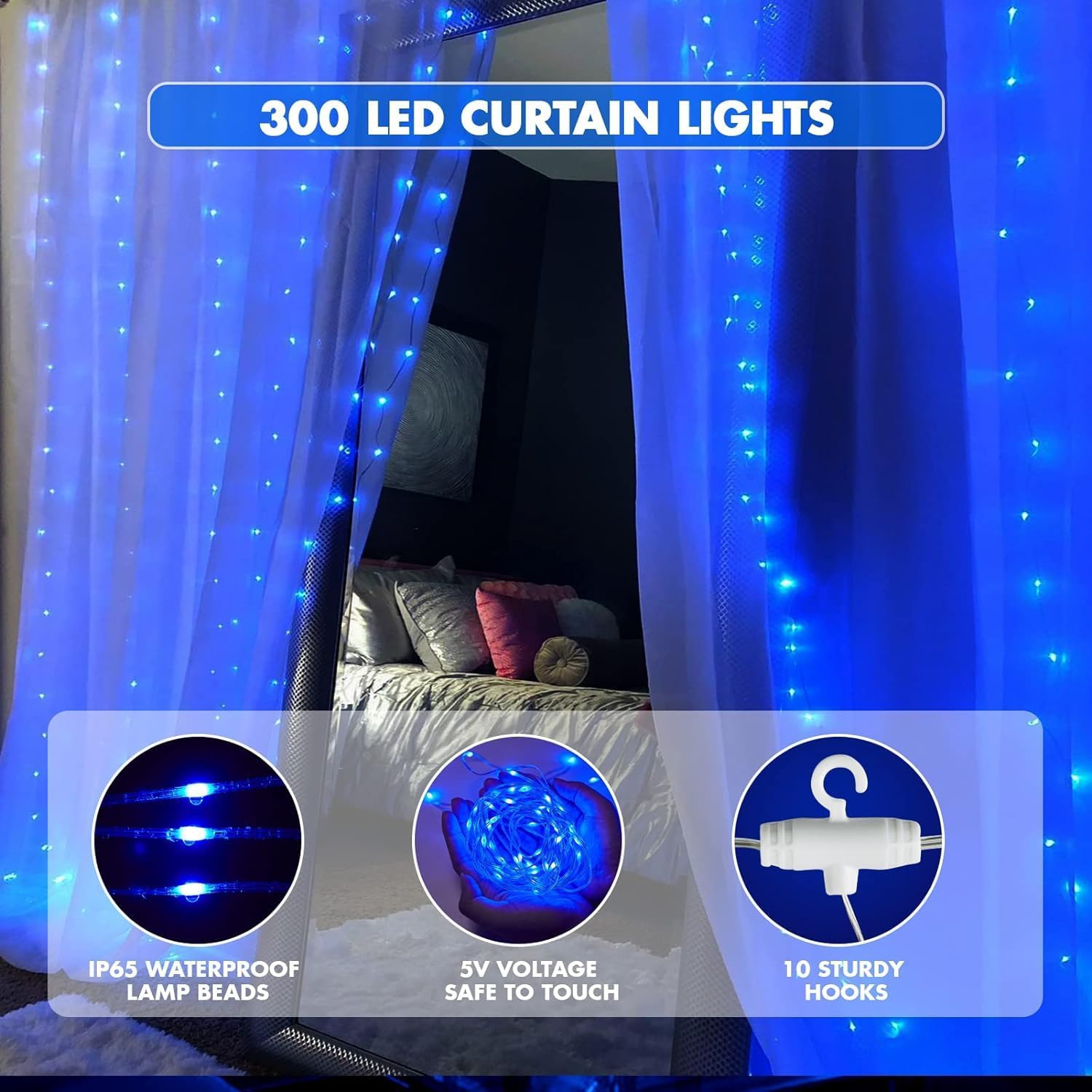 Fairy Curtain Lights for Bedroom 300 LED, Christmas String Lights USB Plug in 8 Modes with Remote Control for Wedding Party Decor Warm White,Blue