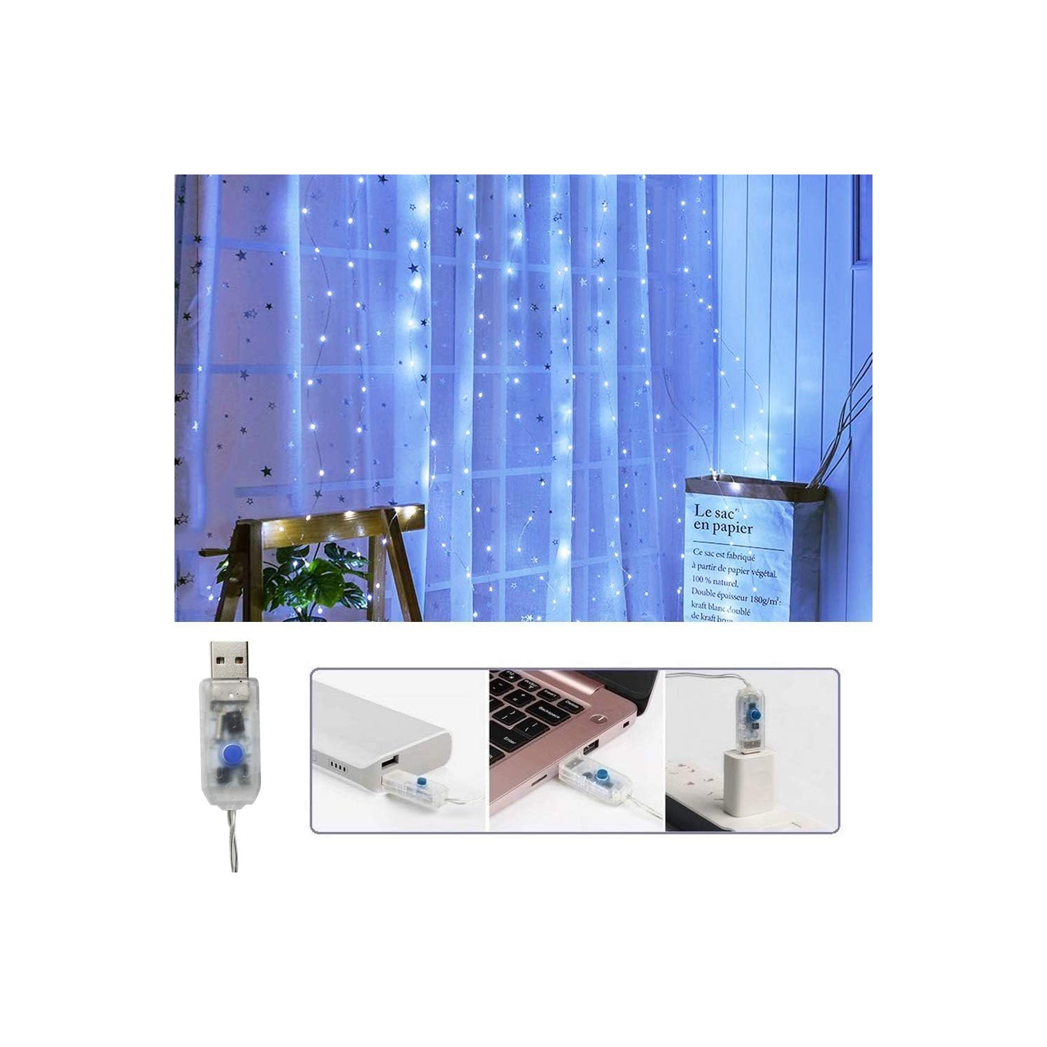 Fairy Curtain Lights for Bedroom 300 LED, Christmas String Lights USB Plug in 8 Modes with Remote Control for Wedding Party Decor Warm White,White