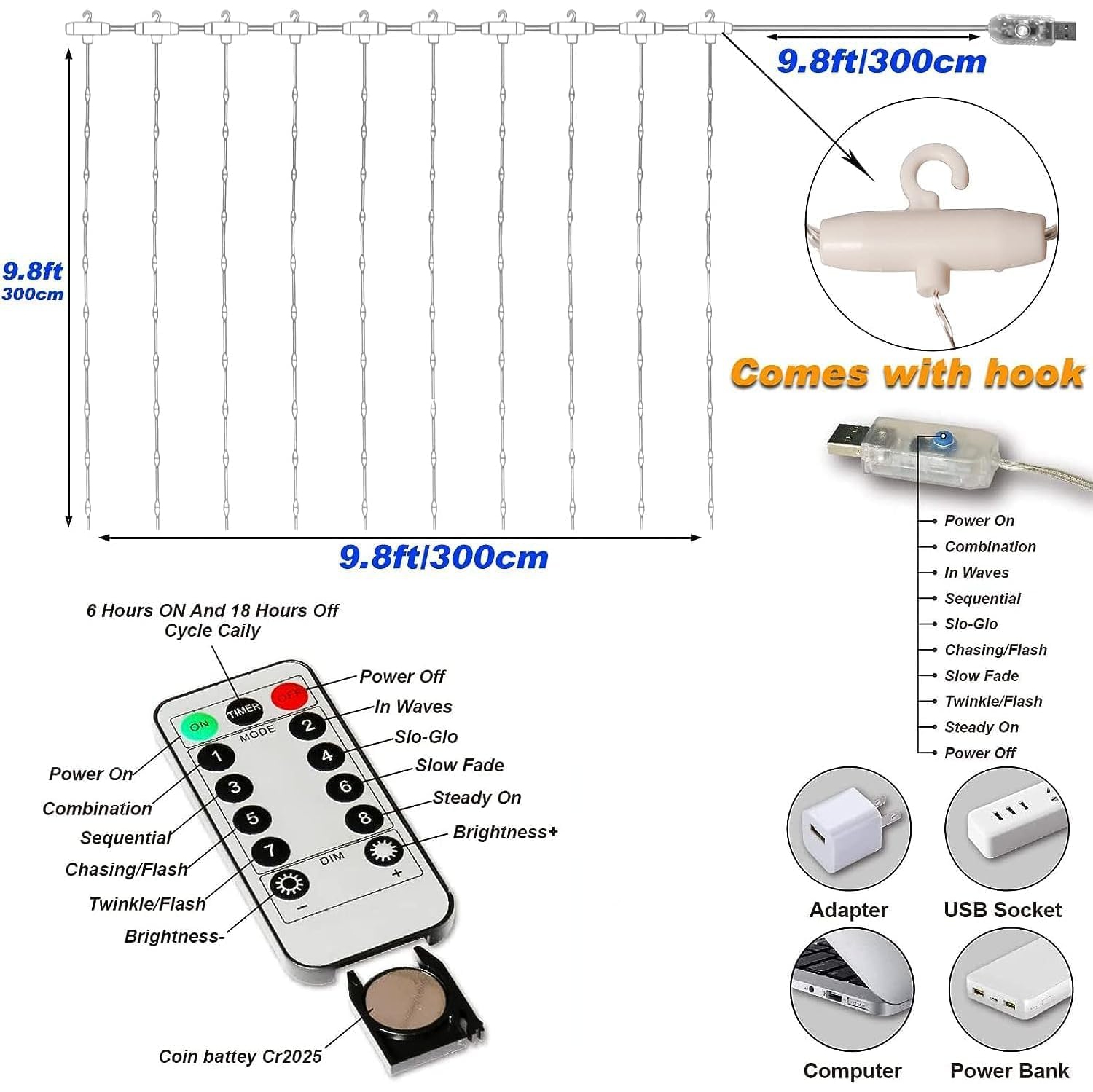 Lumières de rideau de fée pour chambre à coucher 300 LED, guirlandes de Noël USB Plug in 8 modes avec télécommande pour Wedding Party Decor blanc