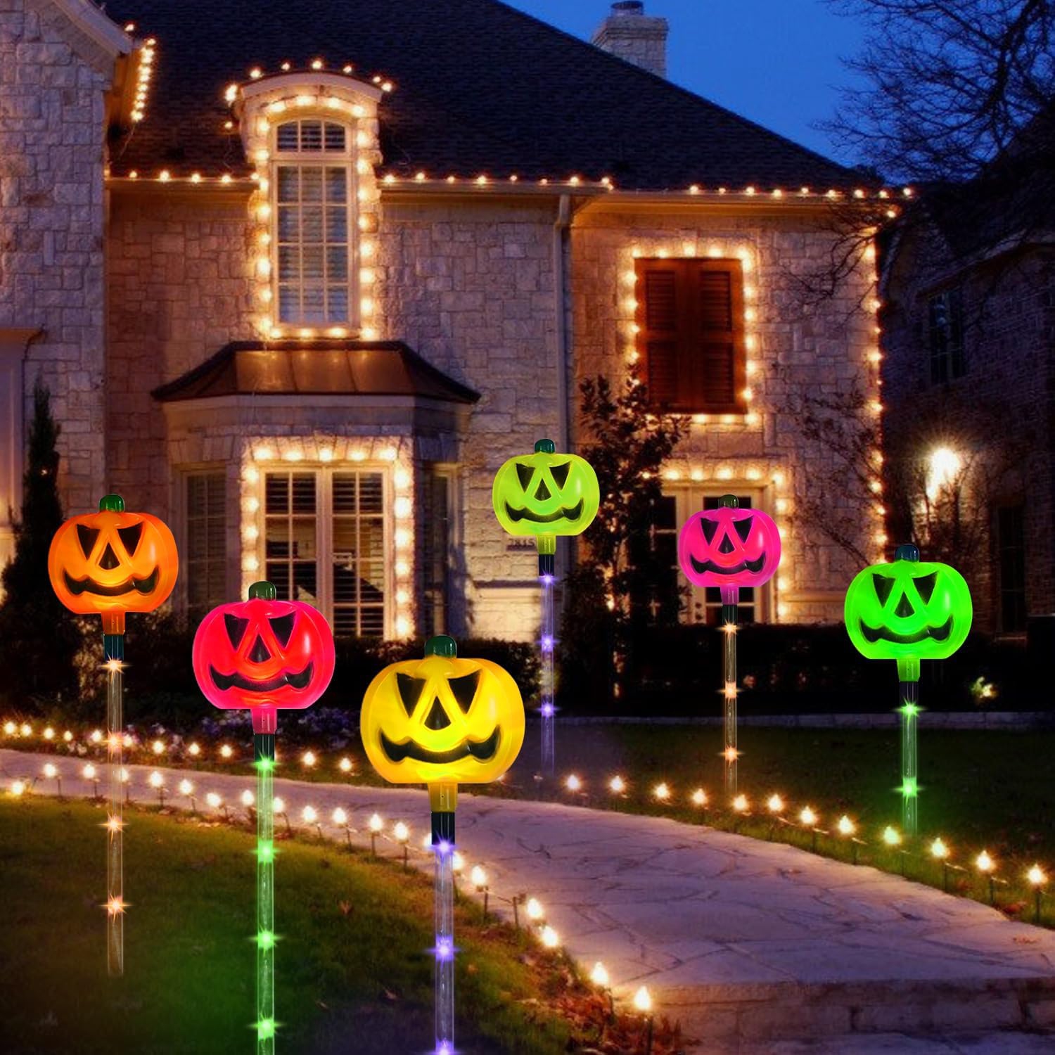 6-Pack Halloween Decor Solar Pumpkin Stake Lights Muti-Color for Halloween Decorations Outdoor Outside Yard Waterproof Halloween