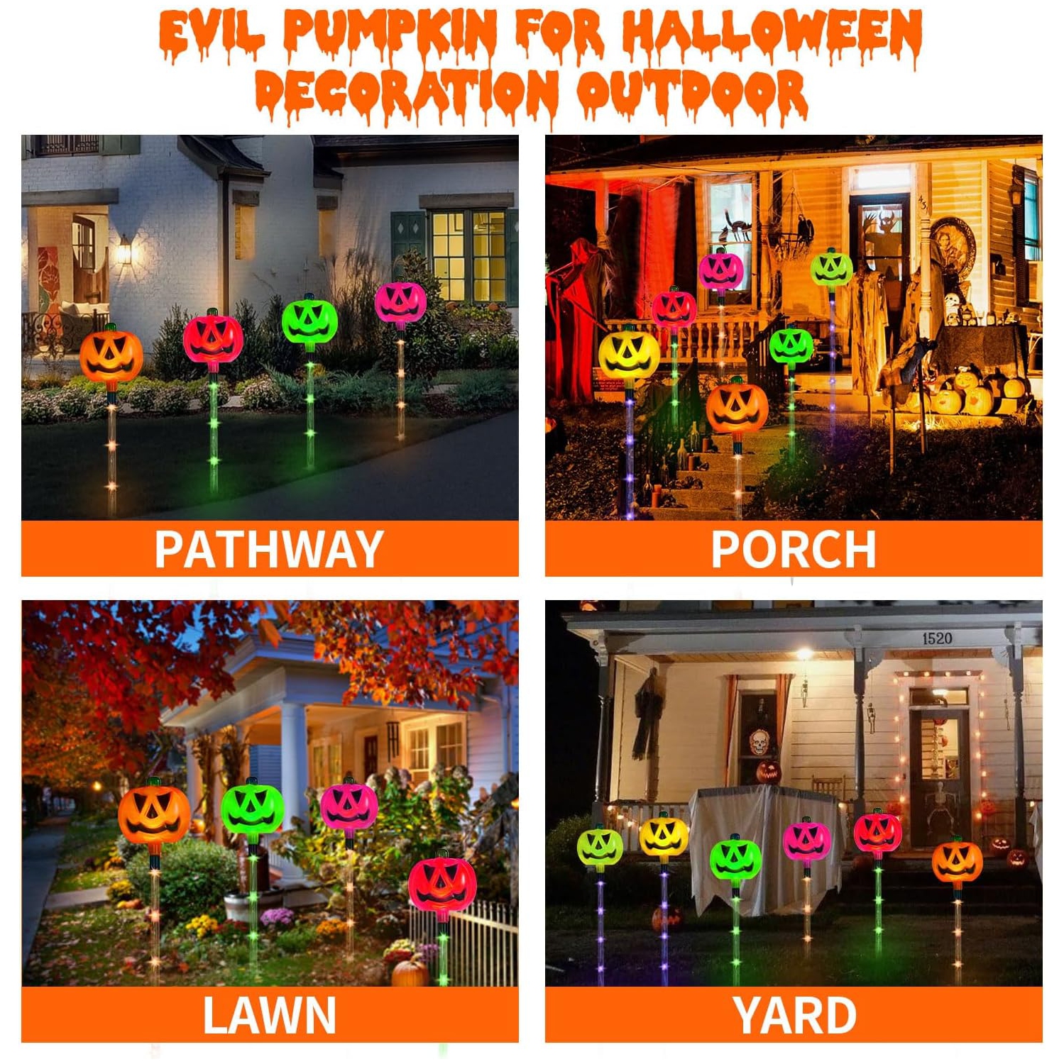 6-Pack Halloween Decor Solar Pumpkin Stake Lights Muti-Color for Halloween Decorations Outdoor Outside Yard Waterproof Halloween