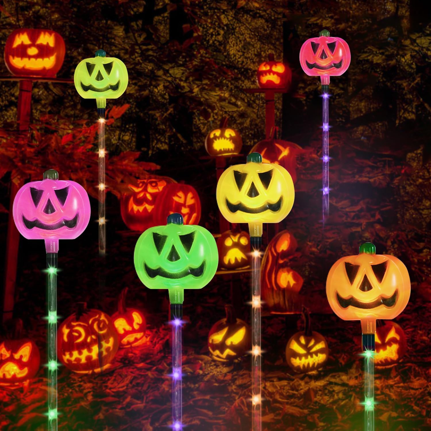 6-Pack Halloween Decor Solar Pumpkin Stake Lights for Halloween Decorations Outdoor,Muti-Color for Outside Waterproof Halloween Lights for Garden