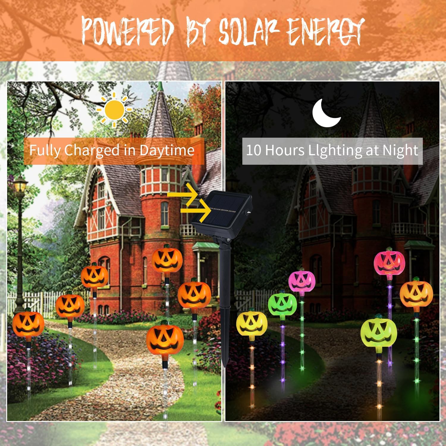 6-Pack Halloween Decor Solar Pumpkin Stake Lights for Halloween Decorations Outdoor,Muti-Color for Outside Waterproof Halloween Lights for Garden
