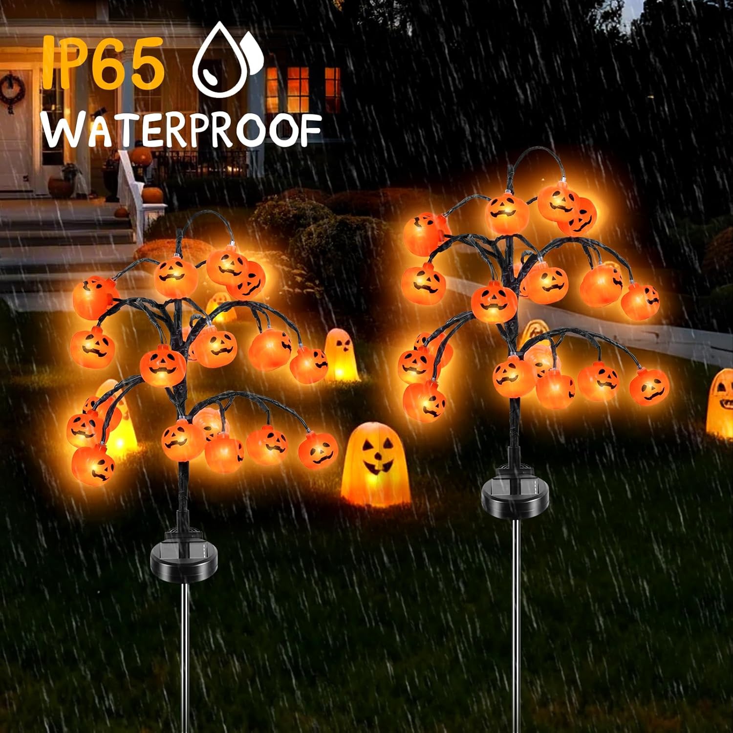 Paquet de 2 40 lampes solaires à citrouille d'Halloween, citrouilles d'Halloween pour la décoration extérieure d'Halloween, lumières solaires de