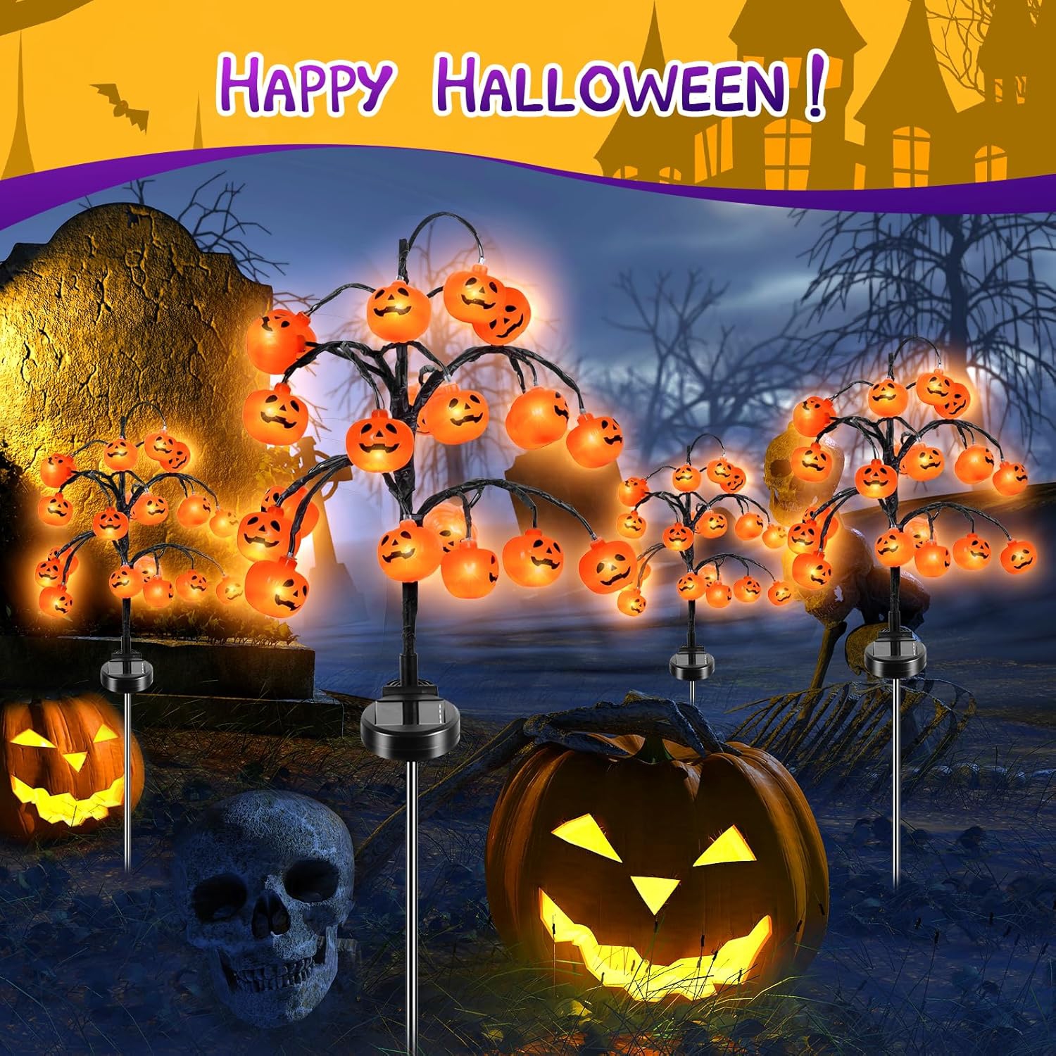 Paquet de 2 40 lampes solaires à citrouille d'Halloween, citrouilles d'Halloween pour la décoration extérieure d'Halloween, lumières solaires de