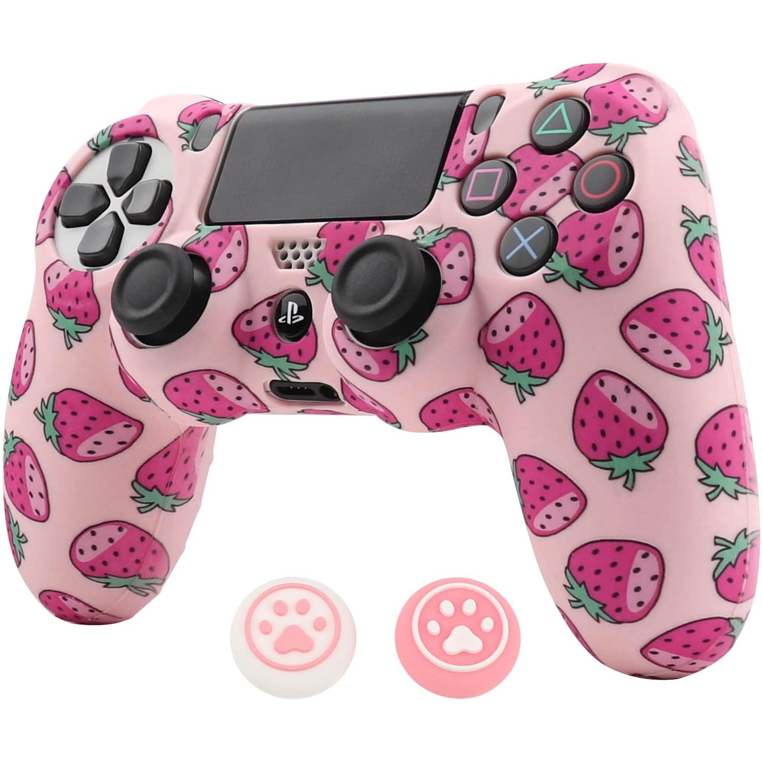 Habillages de manette pour PS4, habillage de manette en silicone compatible/manette PS4 Slim/PS4 Pro avec 2 capuchons antidérapants mignons, Fraise 2