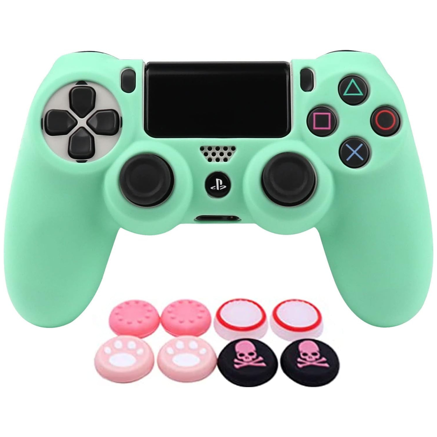 Habillages de manette pour PS4, habillage de manette en silicone compatible/manette PS4 Slim/PS4 Pro avec 2 capuchons antidérapants, vert