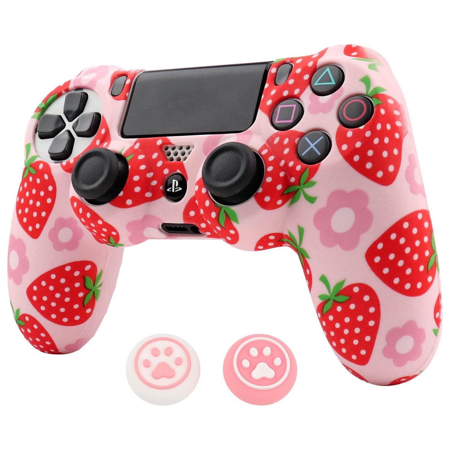 Habillages de manette pour PS4, habillage de manette en silicone compatible/manette PS4 Slim/PS4 Pro avec 2 capuchons antidérapants mignons, rose