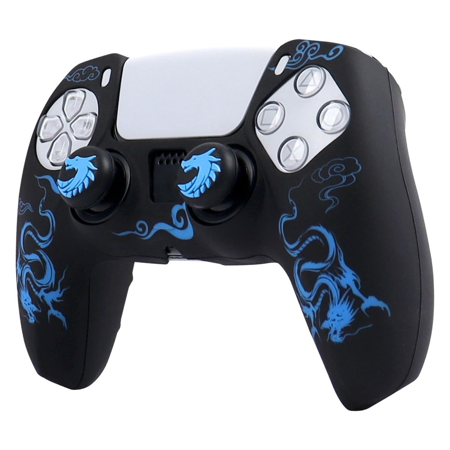 Habillages de manette pour PS4, habillage de manette en silicone compatible/manette PS4 Slim/PS4 Pro avec 2 capuchons antidérapants, dragon bleu noir