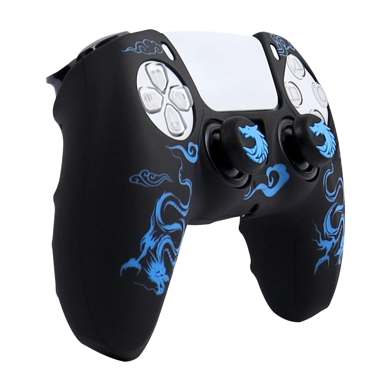 Habillages de manette pour PS4, habillage de manette en silicone compatible/manette PS4 Slim/PS4 Pro avec 2 capuchons antidérapants, dragon bleu noir