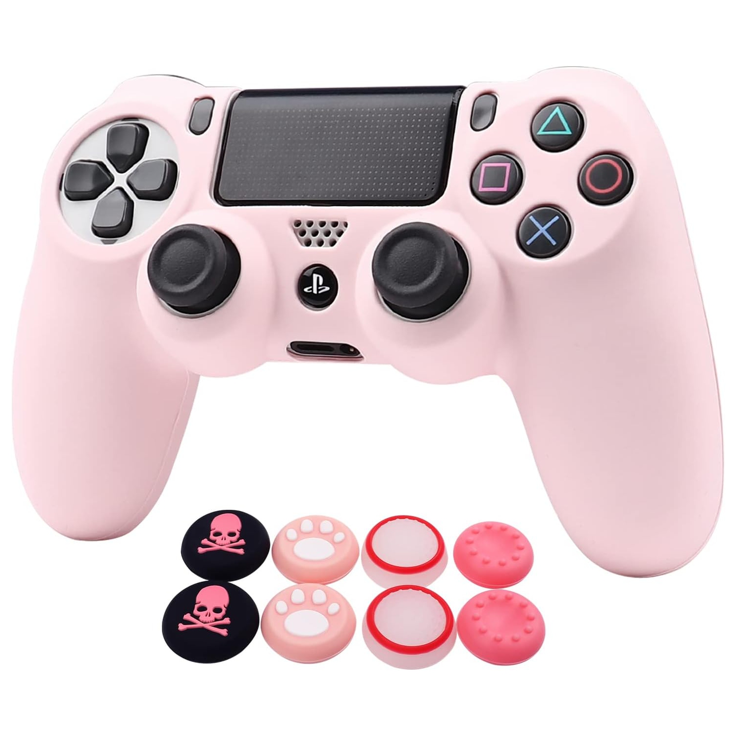 Controller Skins for PS4, Silicone Controller Cover Skin Protector Compatible /PS4 Slim/PS4 Pro Controller with 2 Cute Thumb Grips Caps,Purepink