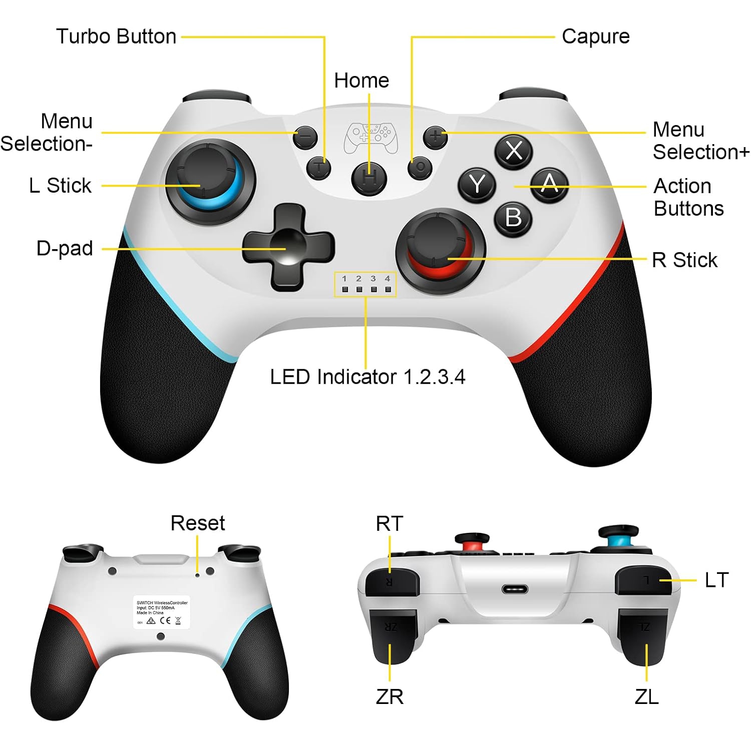Wireless Pro Controller Switch Lite,Switch Remote Controller Gamepad Joystick, Turbo and Dual Vibration,White