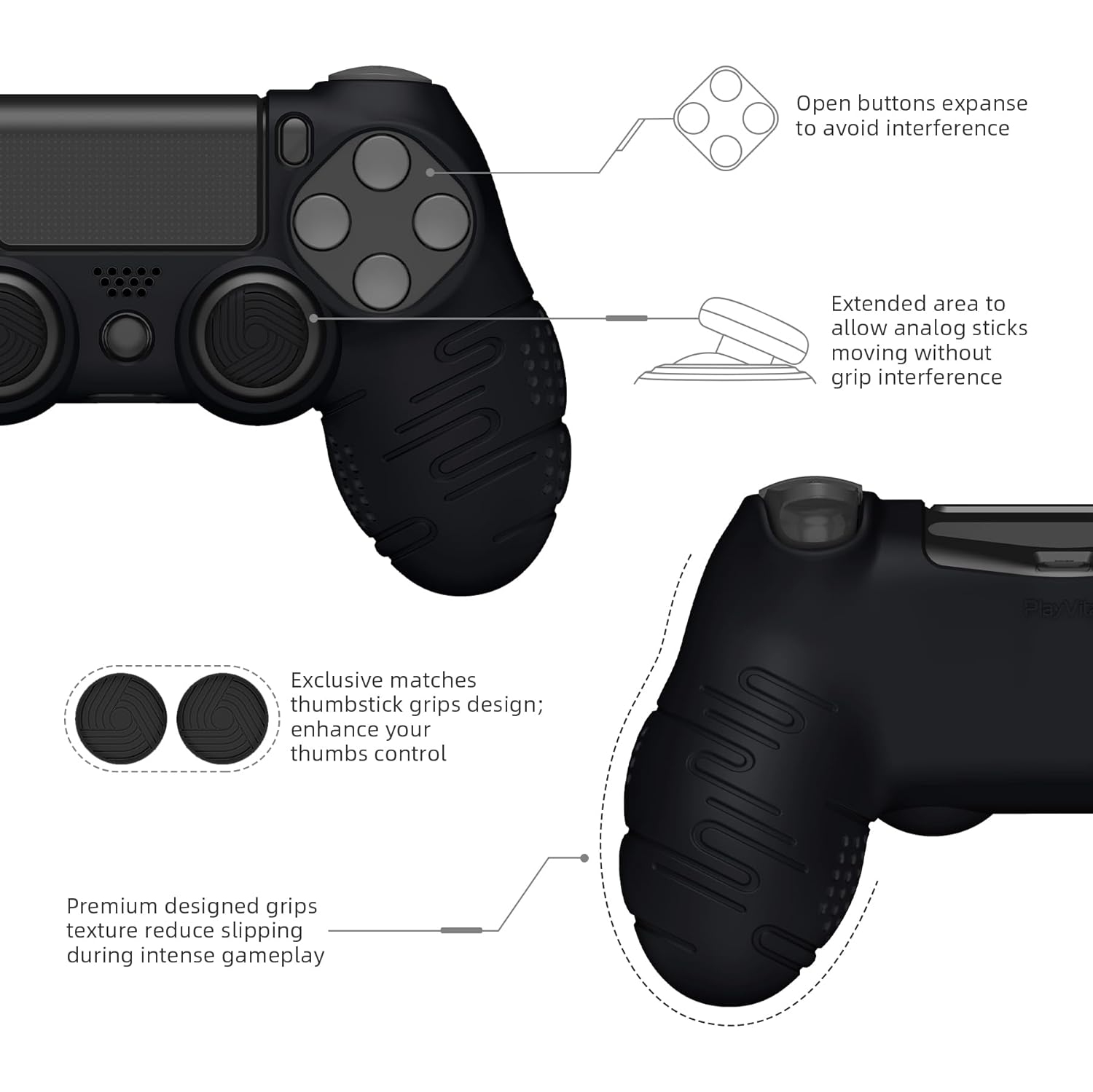 Étui en silicone PlayVital Line pour manette PS4, étui protecteur souple antidérapant avec capuchons antidérapants, noir