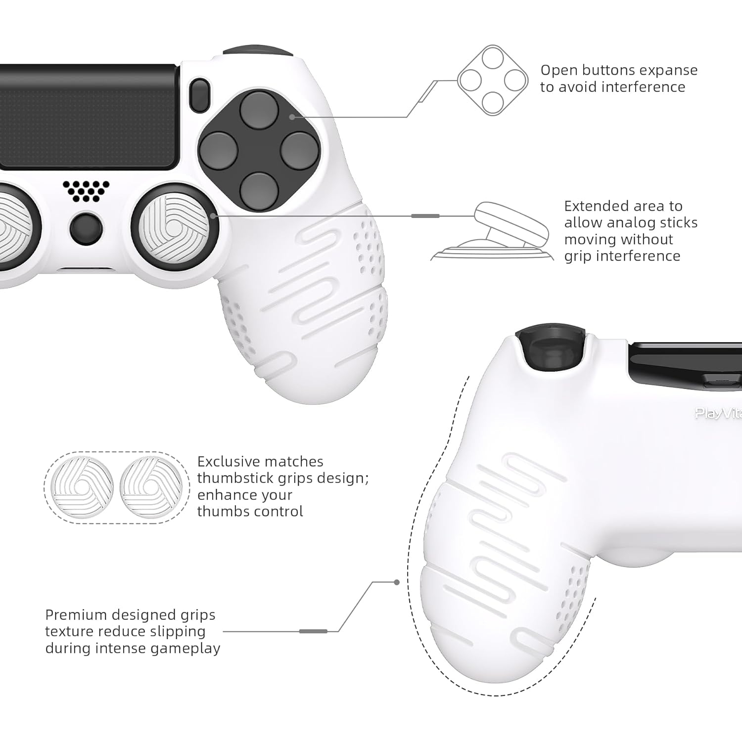 Étui en silicone PlayVital Line pour manette PS4, étui protecteur souple antidérapant avec capuchons antidérapants, blanc