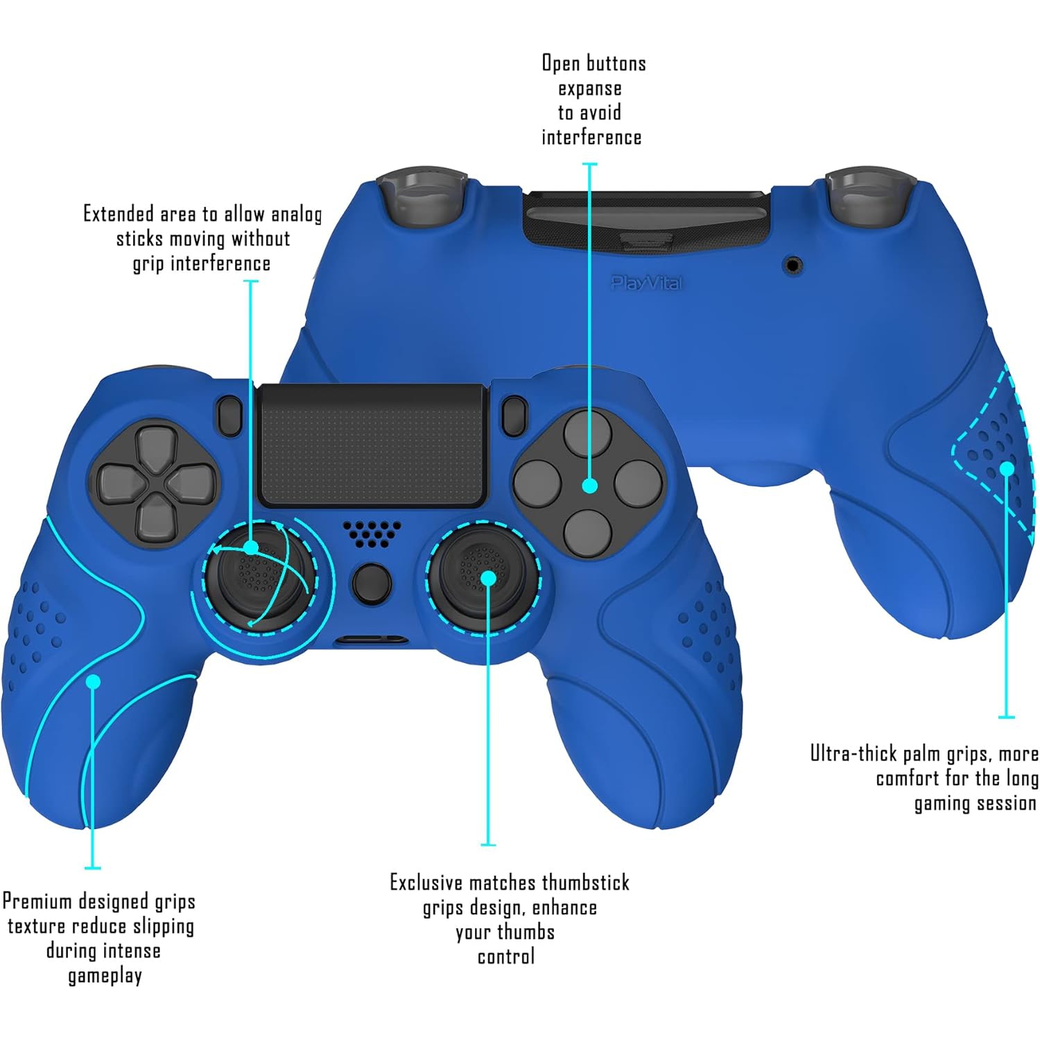 PlayVital Guardian Edition Ergonomic Soft Anti-Slip Controller Case Cover for ps4, Rubber Protector Skin with Caps for ps4 Slim/Pro Controller,Blue