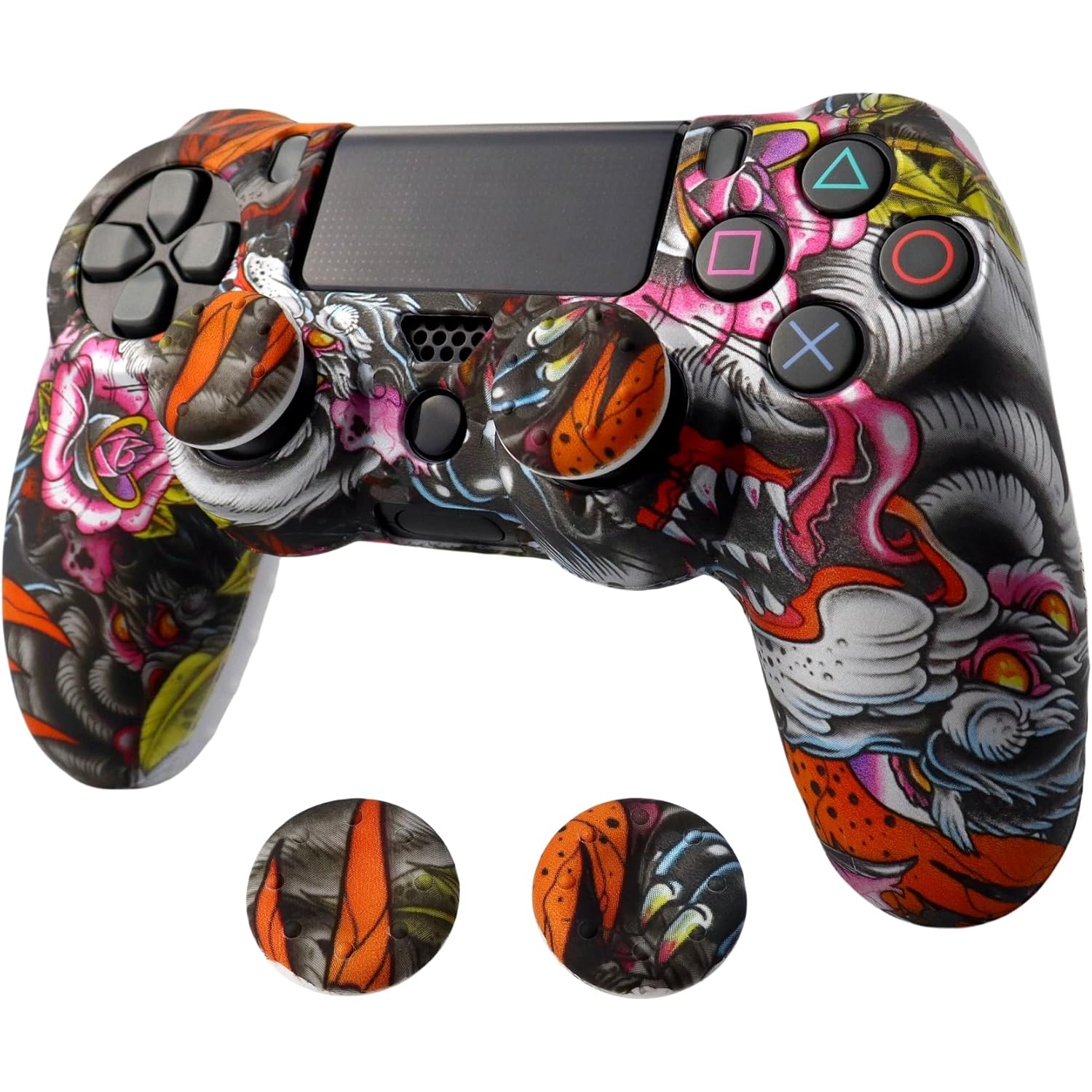 Skin for Ps4 Controller, Anti-Slip Silicone Shell Cover Case with 2pcs Thumb Grip Caps for PS4/ Slim/Pro Dualshock 4 Controller Wireless Gamepad,Lion Dance