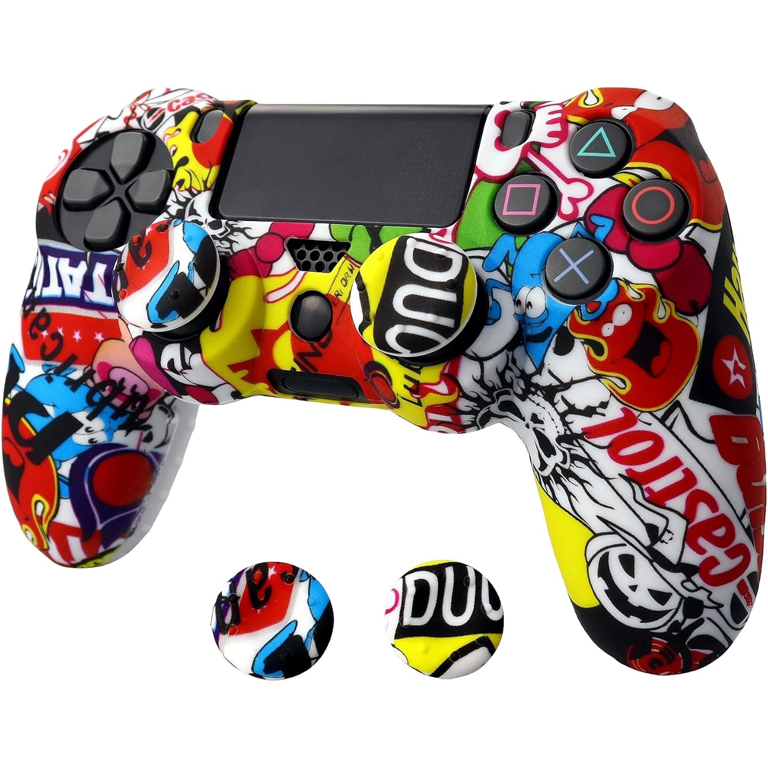 Skin for Ps4 Controller, Anti-Slip Silicone Shell Cover Case with 2pcs Thumb Grip Caps for PS4/ Slim/Pro Dualshock 4 Controller Wireless Gamepad,Colorful Graffiti