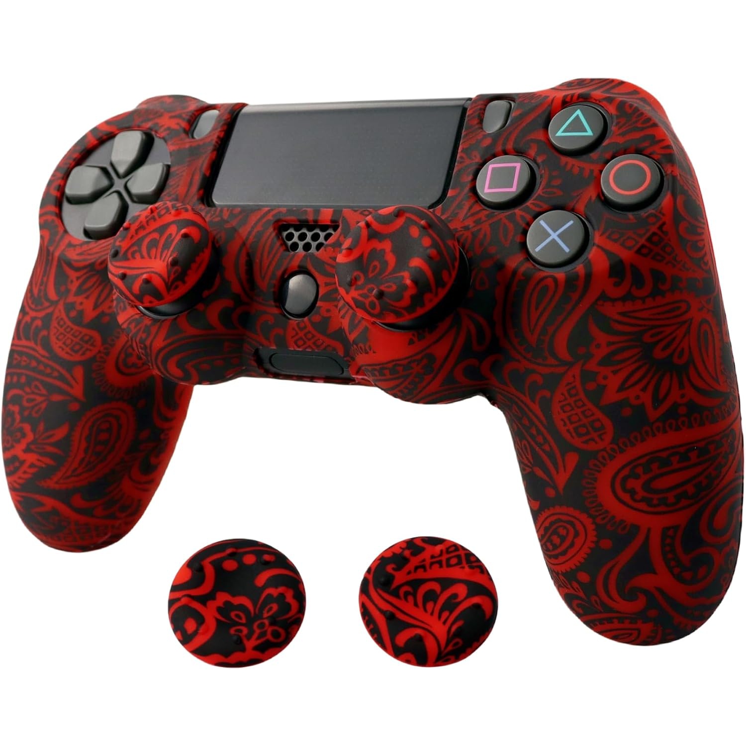 Skin for Ps4 Controller, Anti-Slip Silicone Shell Cover Case with 2pcs Thumb Grip Caps for PS4/ Slim/Pro Dualshock 4 Controller Wireless Gamepad,Red&black Flowers