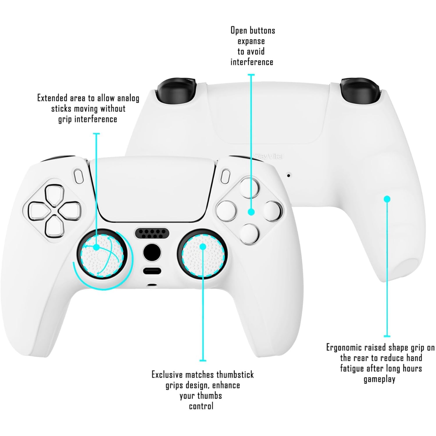 PlayVital White Pure Series Anti-Slip Silicone Cover Skin for ps5 Controller, Soft Rubber Case with White Thumb Grip Caps